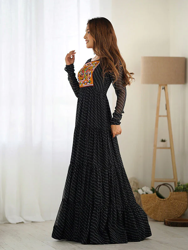 Black Layered Embroidered & Printed Anarkali Gown - Image 6