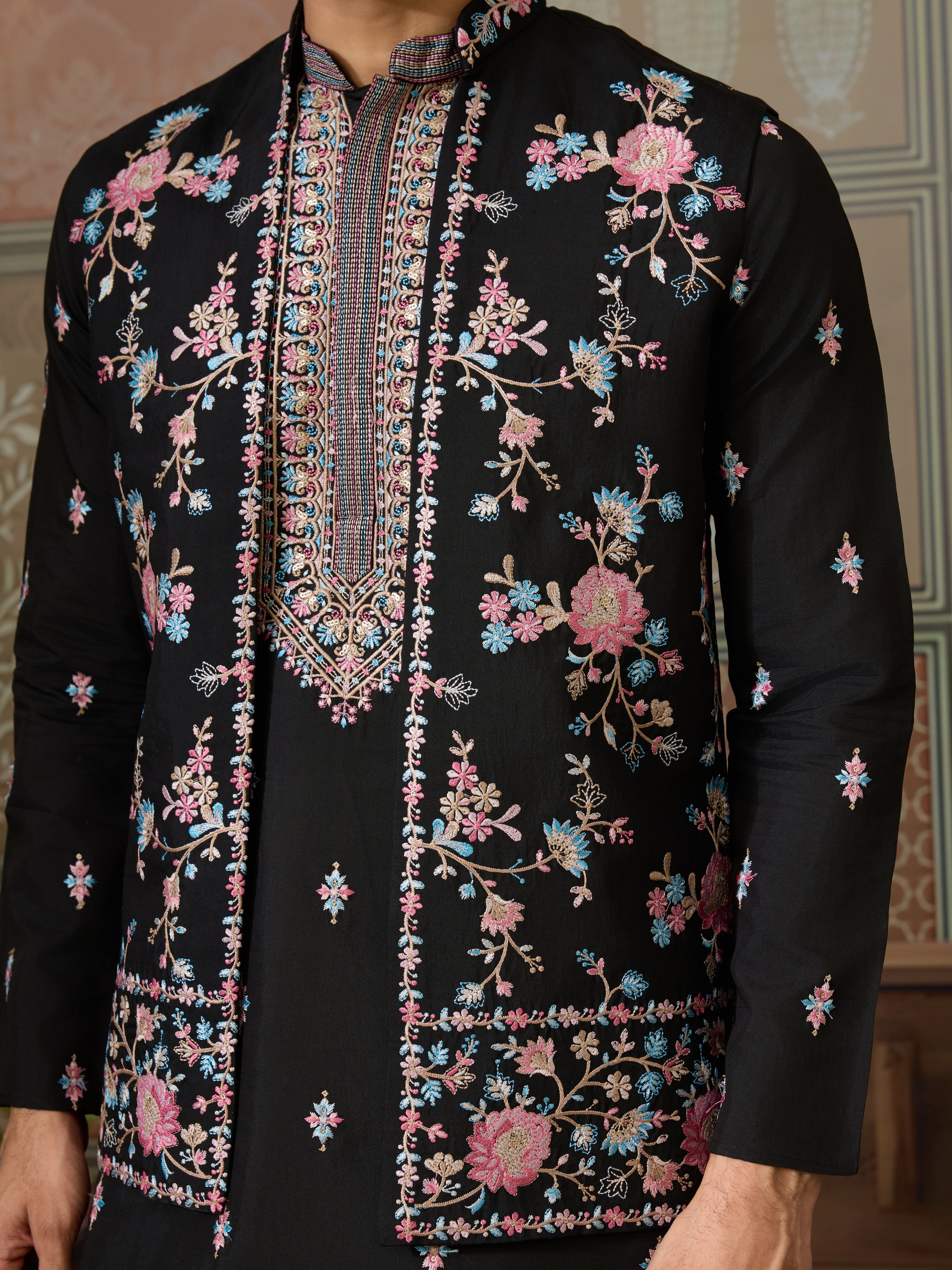 Black Mens Kurta with Stylish Koti for Wedding Wear - Image 4