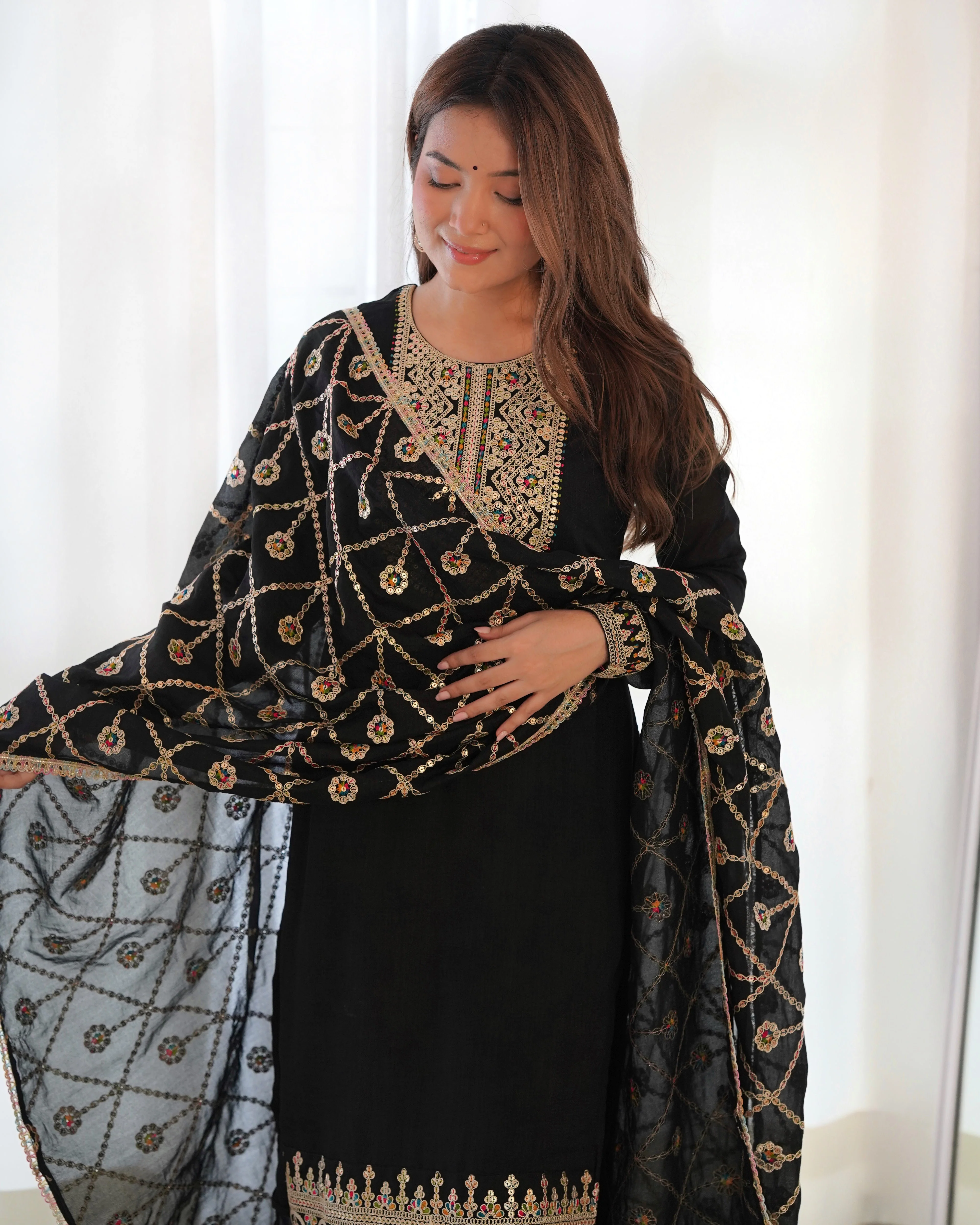 Black Pure Blooming Vichitra Silk Kurta Suit Set With Dupatta & Pant - Image 8