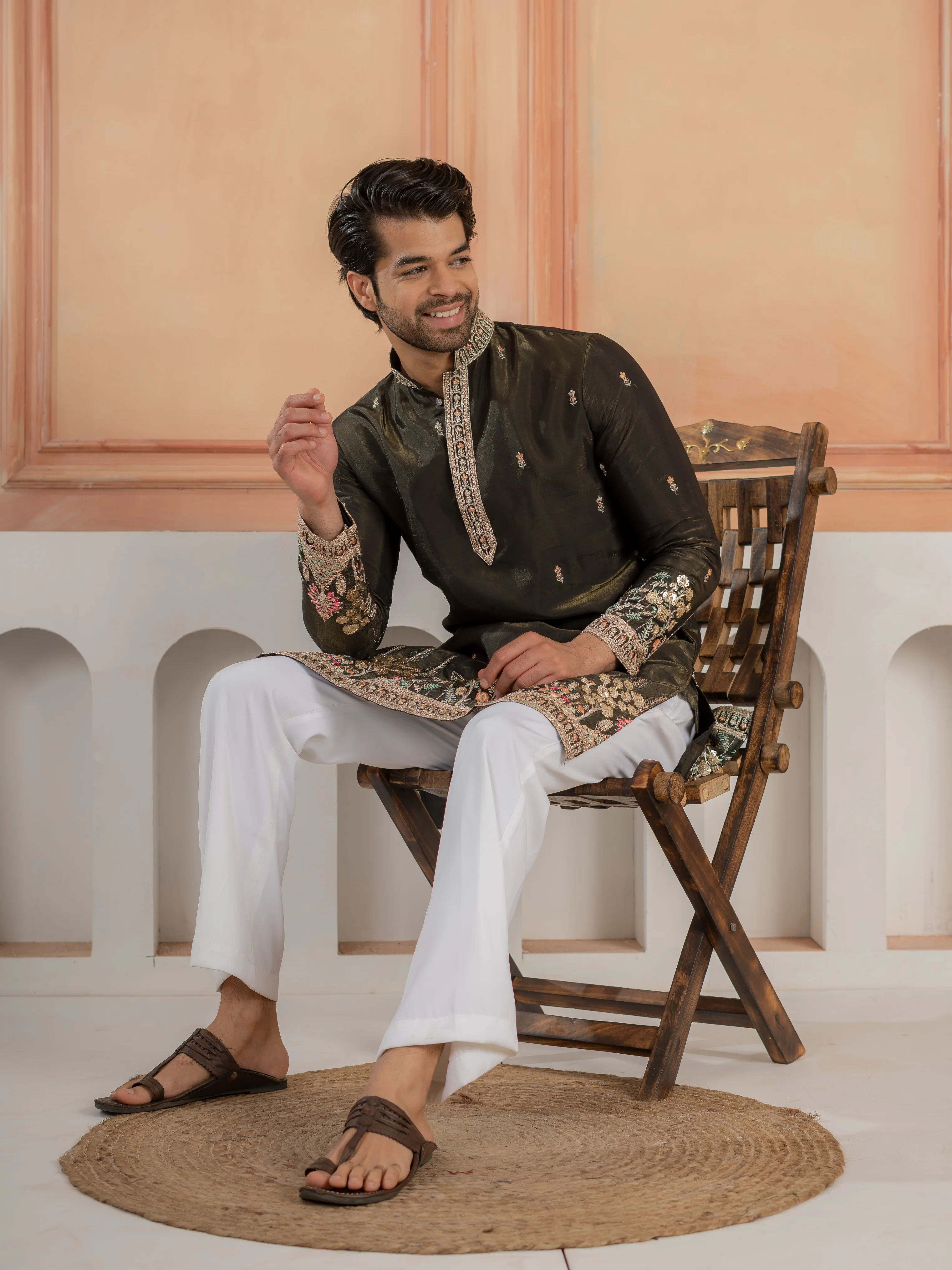 Black Roman Shimmer Double Golden Sequence Work Kurta For Mens - Image 6