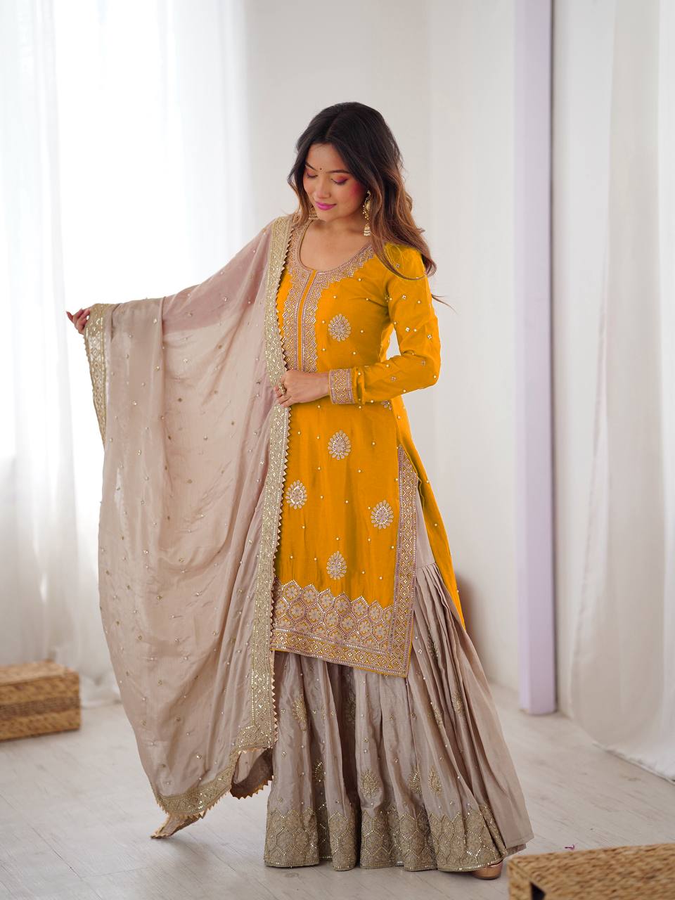 Bright Yellow Chinon Silk Pearl Work Sharara Set with Designer Dupatta