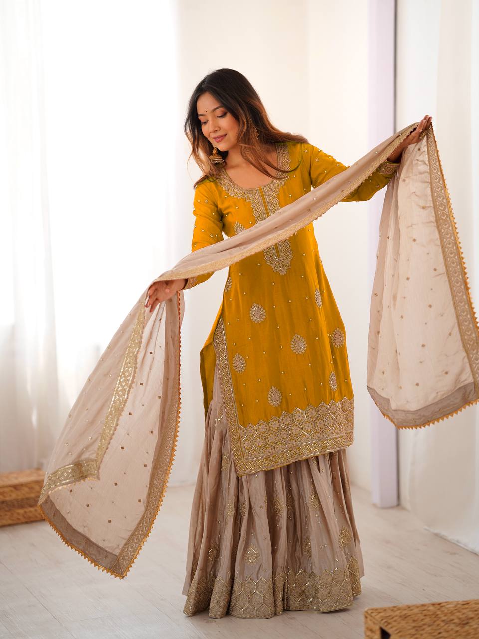 Bright Yellow Chinon Silk Pearl Work Sharara Set with Designer Dupatta - Image 2
