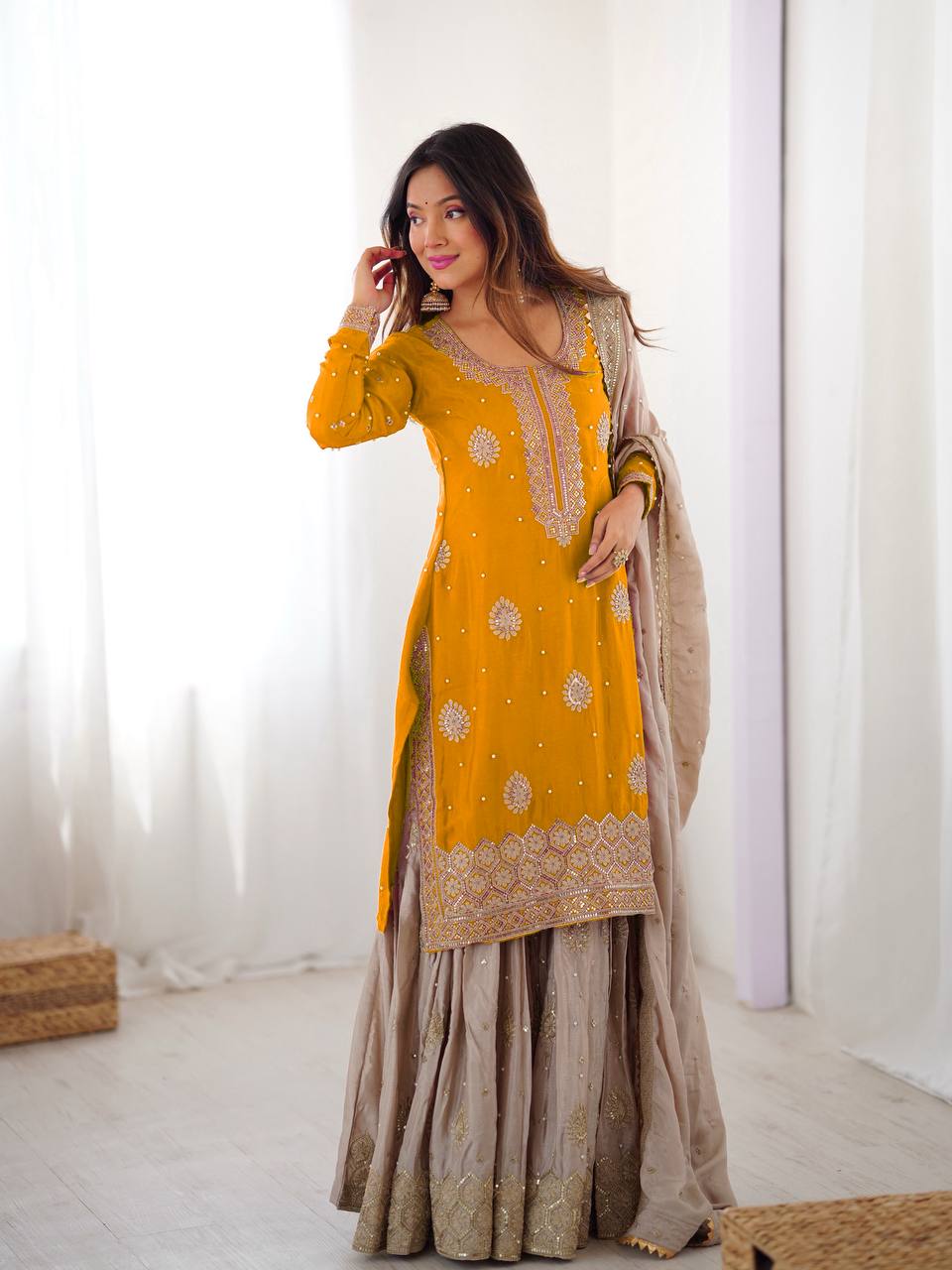Bright Yellow Chinon Silk Pearl Work Sharara Set with Designer Dupatta - Image 3