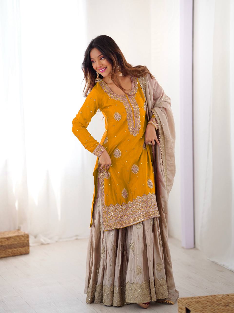 Bright Yellow Chinon Silk Pearl Work Sharara Set with Designer Dupatta - Image 4