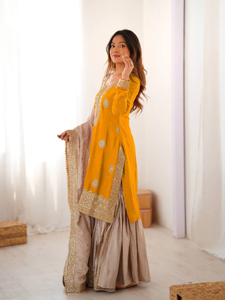 Bright Yellow Chinon Silk Pearl Work Sharara Set with Designer Dupatta - Image 5