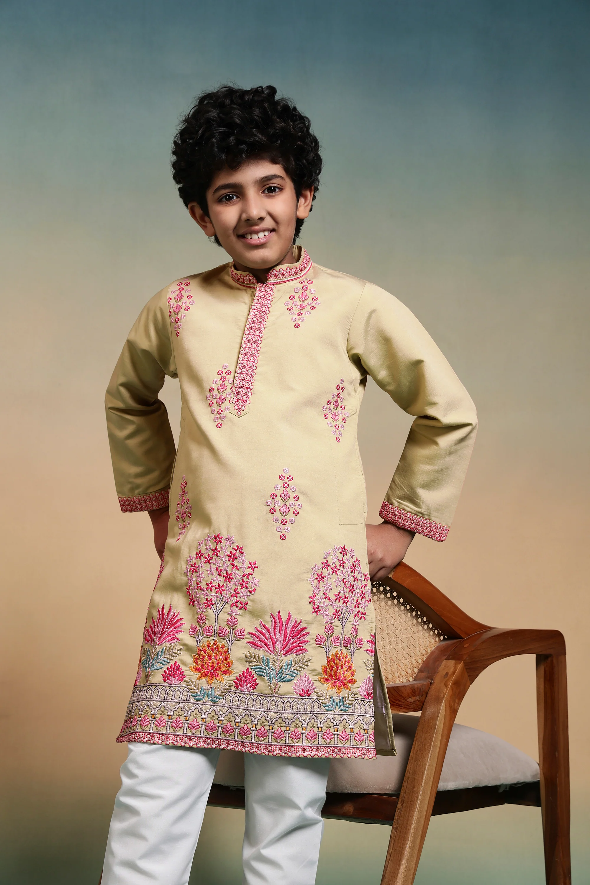 Bright Yellow Viscose Silk Embroidered Work Kurta Pant Set - Image 2
