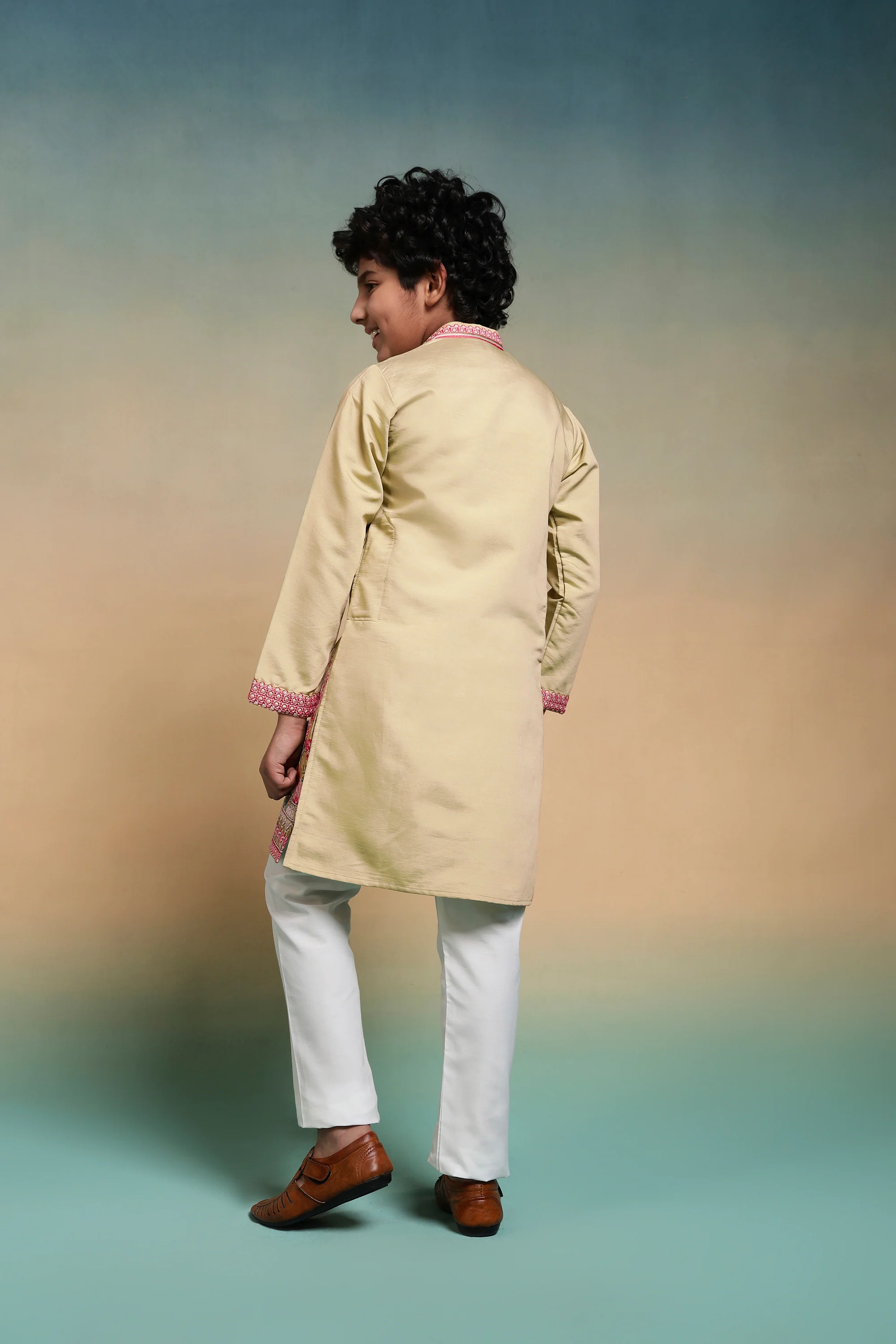 Bright Yellow Viscose Silk Embroidered Work Kurta Pant Set - Image 7