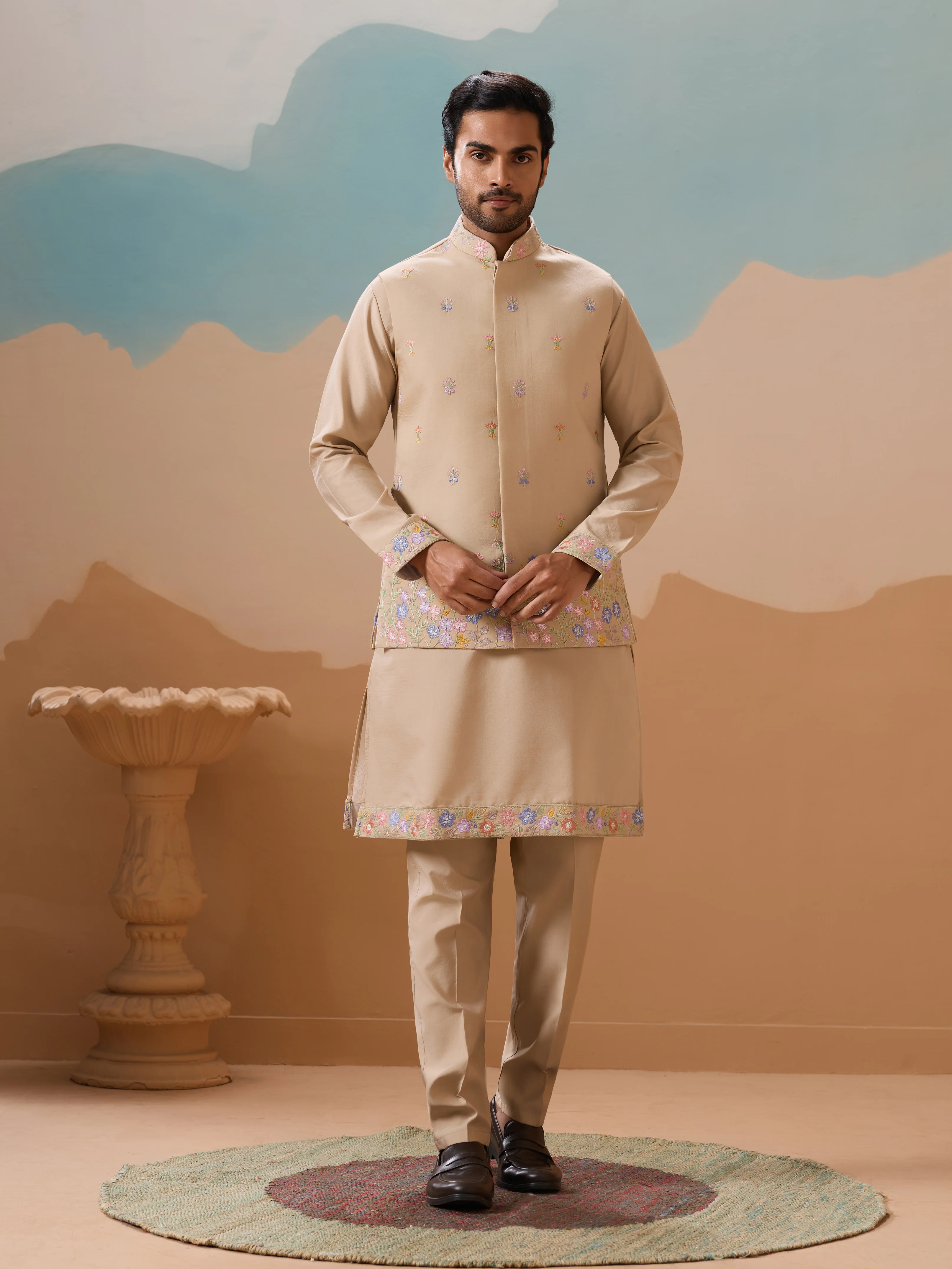 Celebration Beige Kurta Jacket and Pant Wedding Outfit for Men - Image 3