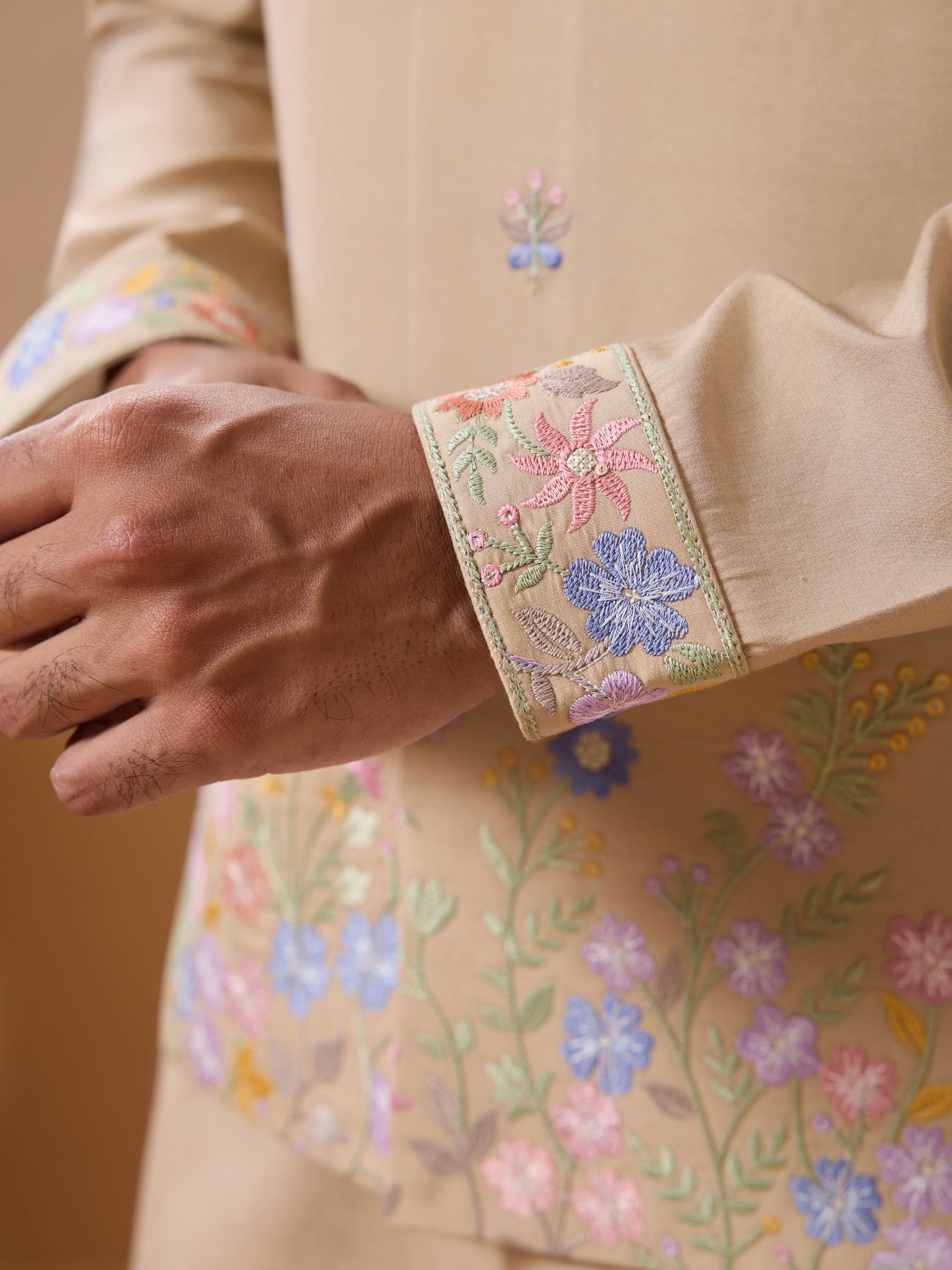 Celebration Beige Kurta Jacket and Pant Wedding Outfit for Men - Image 4