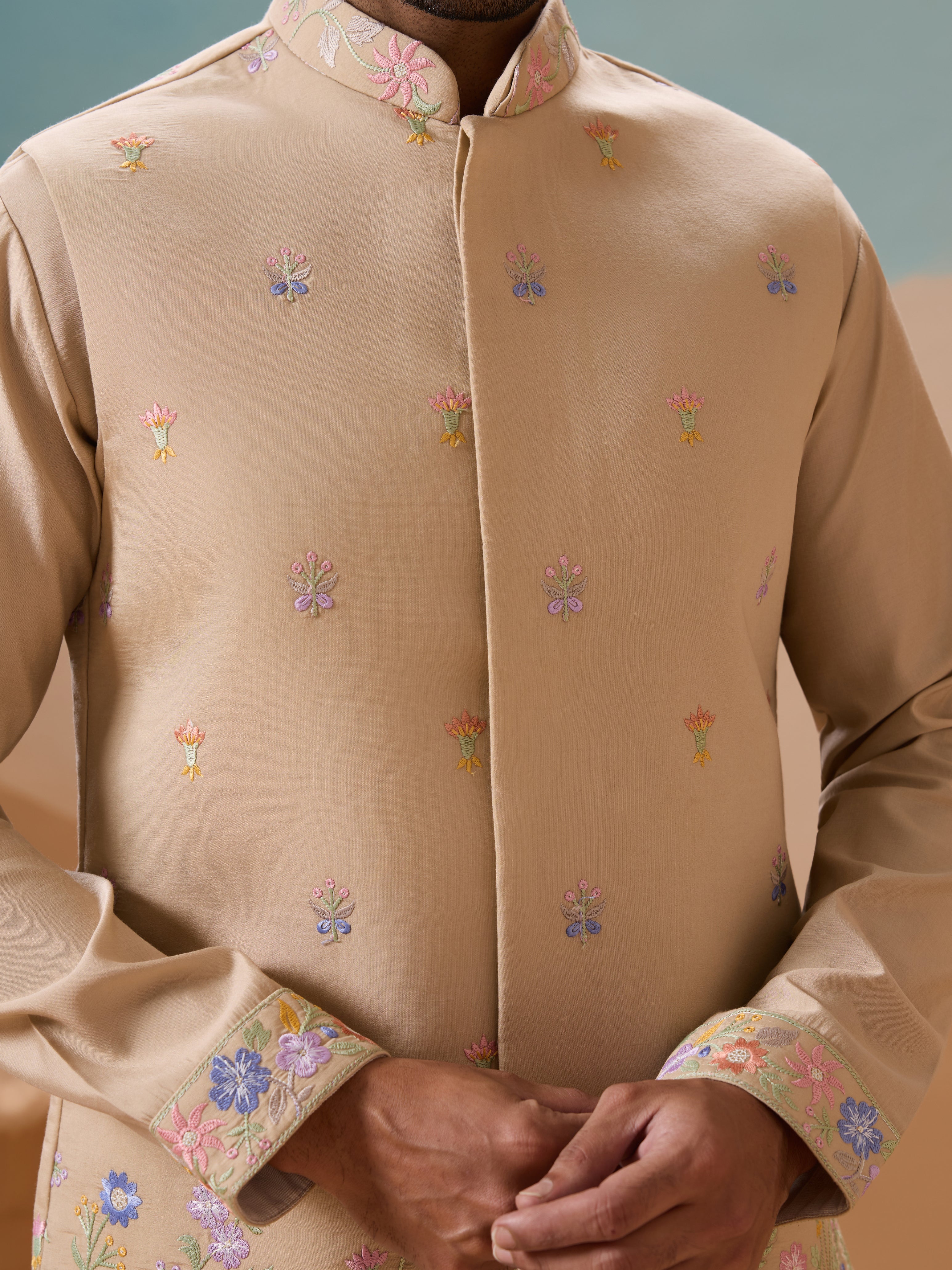 Celebration Beige Kurta Jacket and Pant Wedding Outfit for Men - Image 5