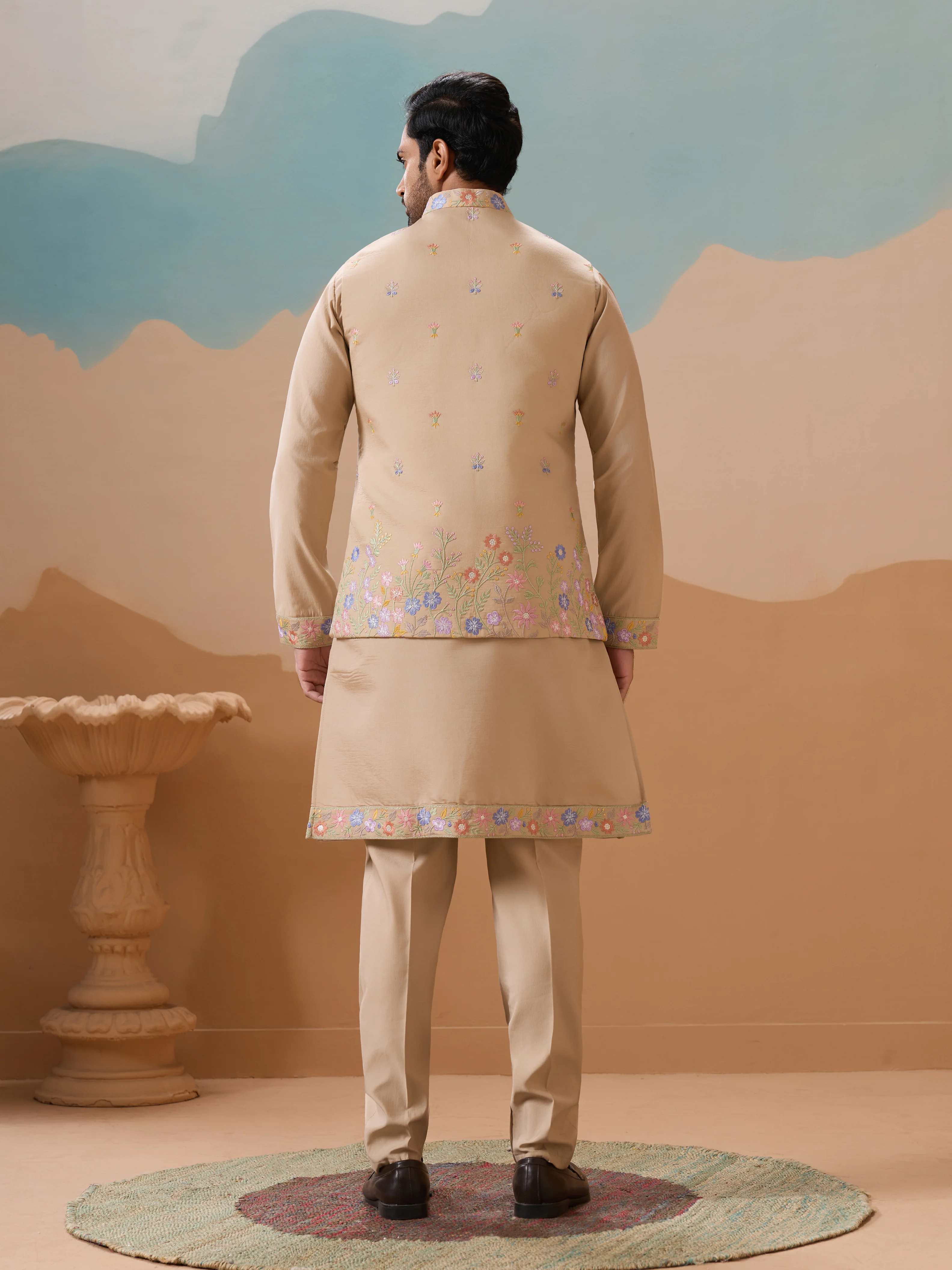 Celebration Beige Kurta Jacket and Pant Wedding Outfit for Men - Image 6
