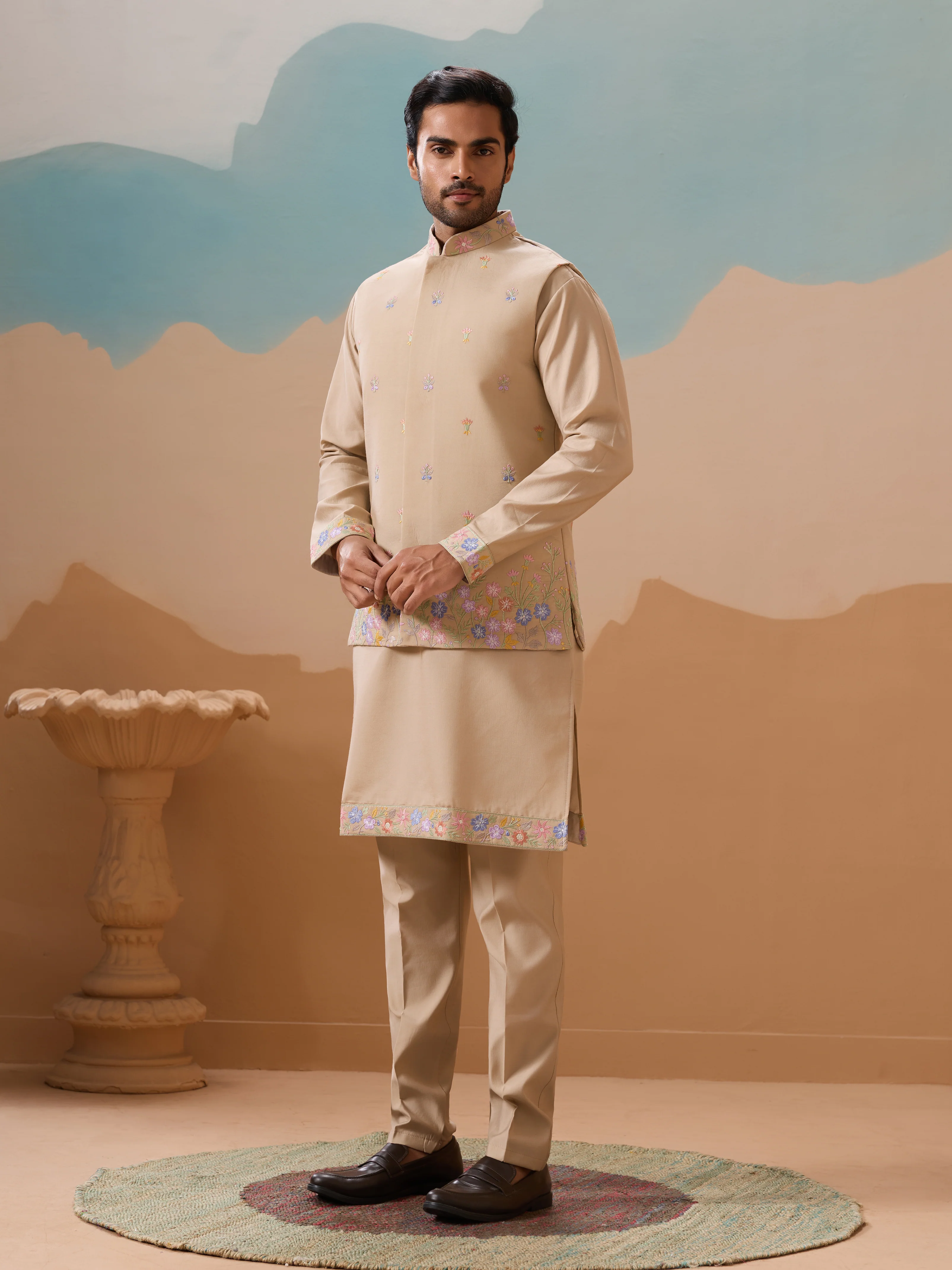 Celebration Beige Kurta Jacket and Pant Wedding Outfit for Men - Image 7