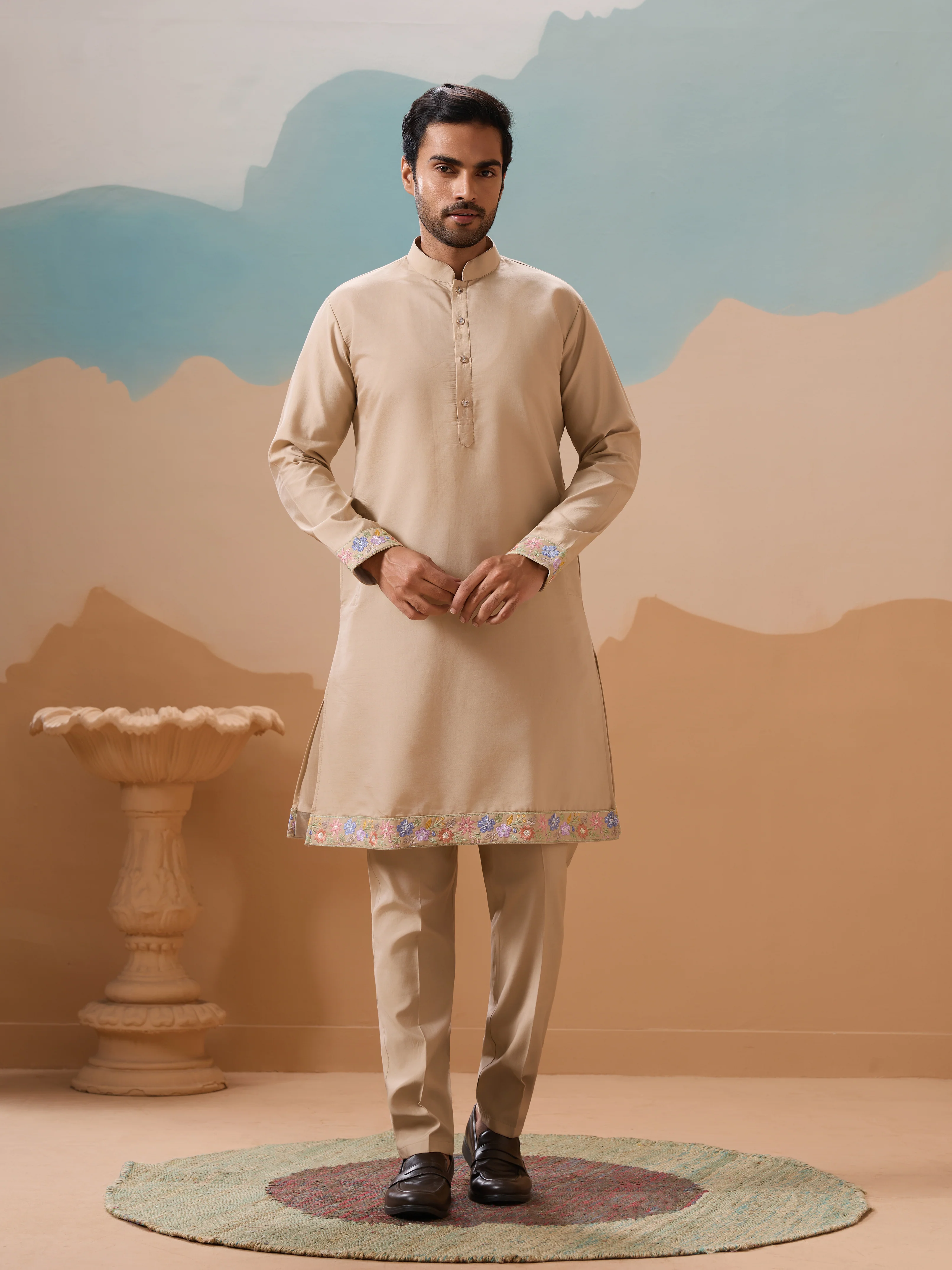 Celebration Beige Kurta Jacket and Pant Wedding Outfit for Men - Image 8