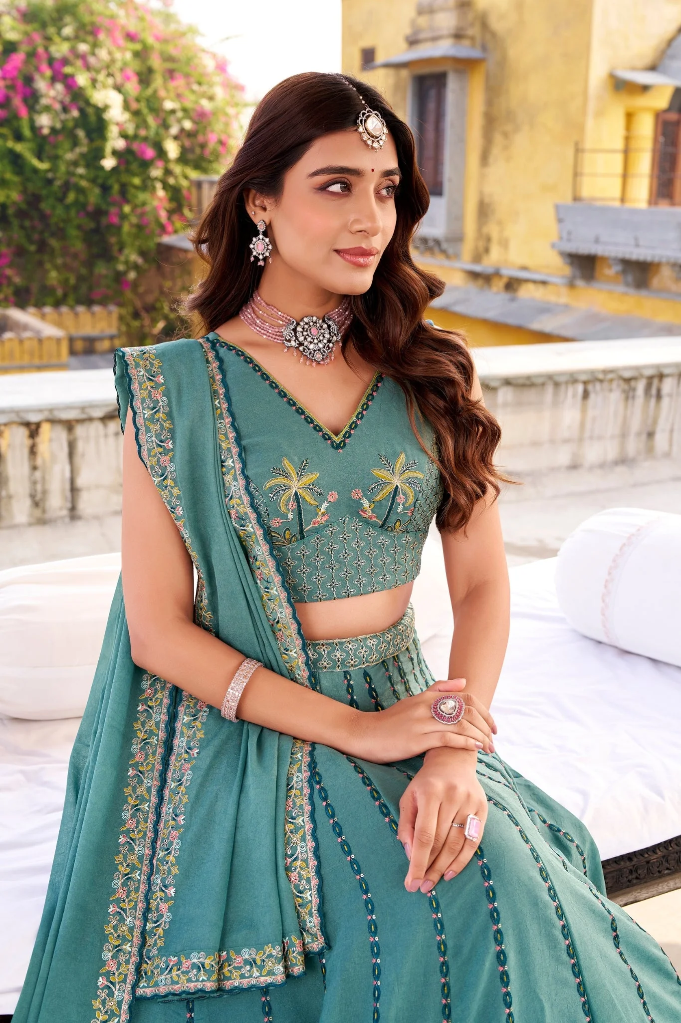 Celestial Sky Blue Embroidered Bridesmaid Lehenga Choli - Image 5