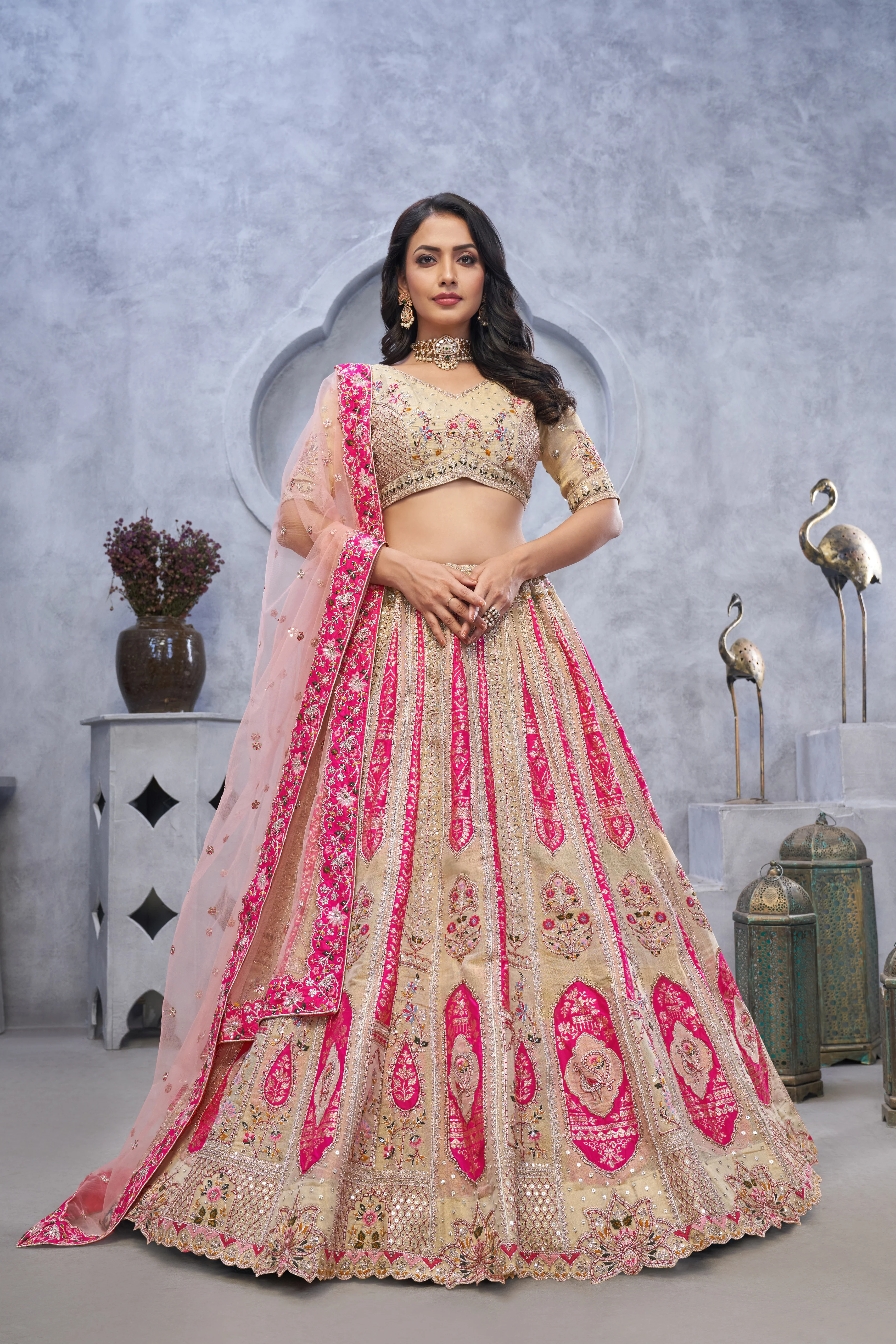 Chiku Banarasi Silk Embroidered Bridal Lehenga Set with Soft Net Dupatta
