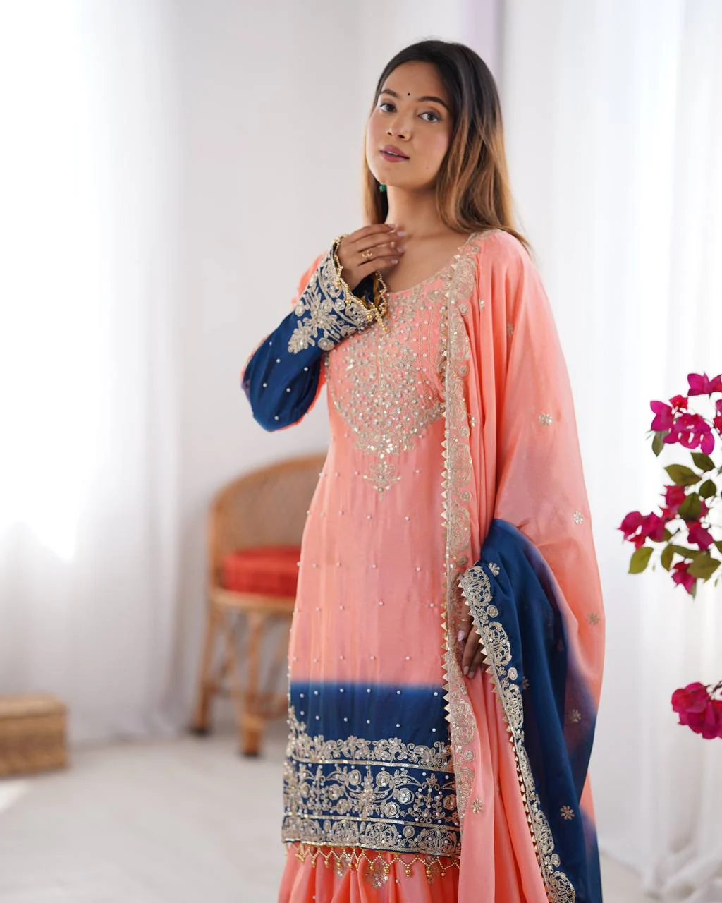 Chinnon Silk Embroidered Fancy Suit Set with Dori & Moti Work - Image 4