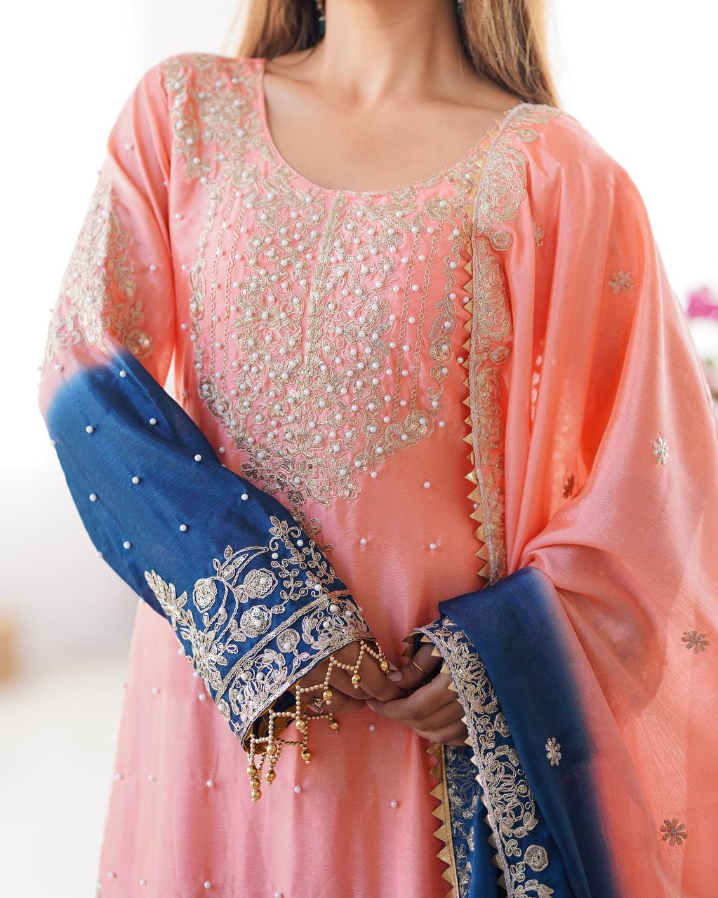 Chinnon Silk Embroidered Fancy Suit Set with Dori & Moti Work - Image 5