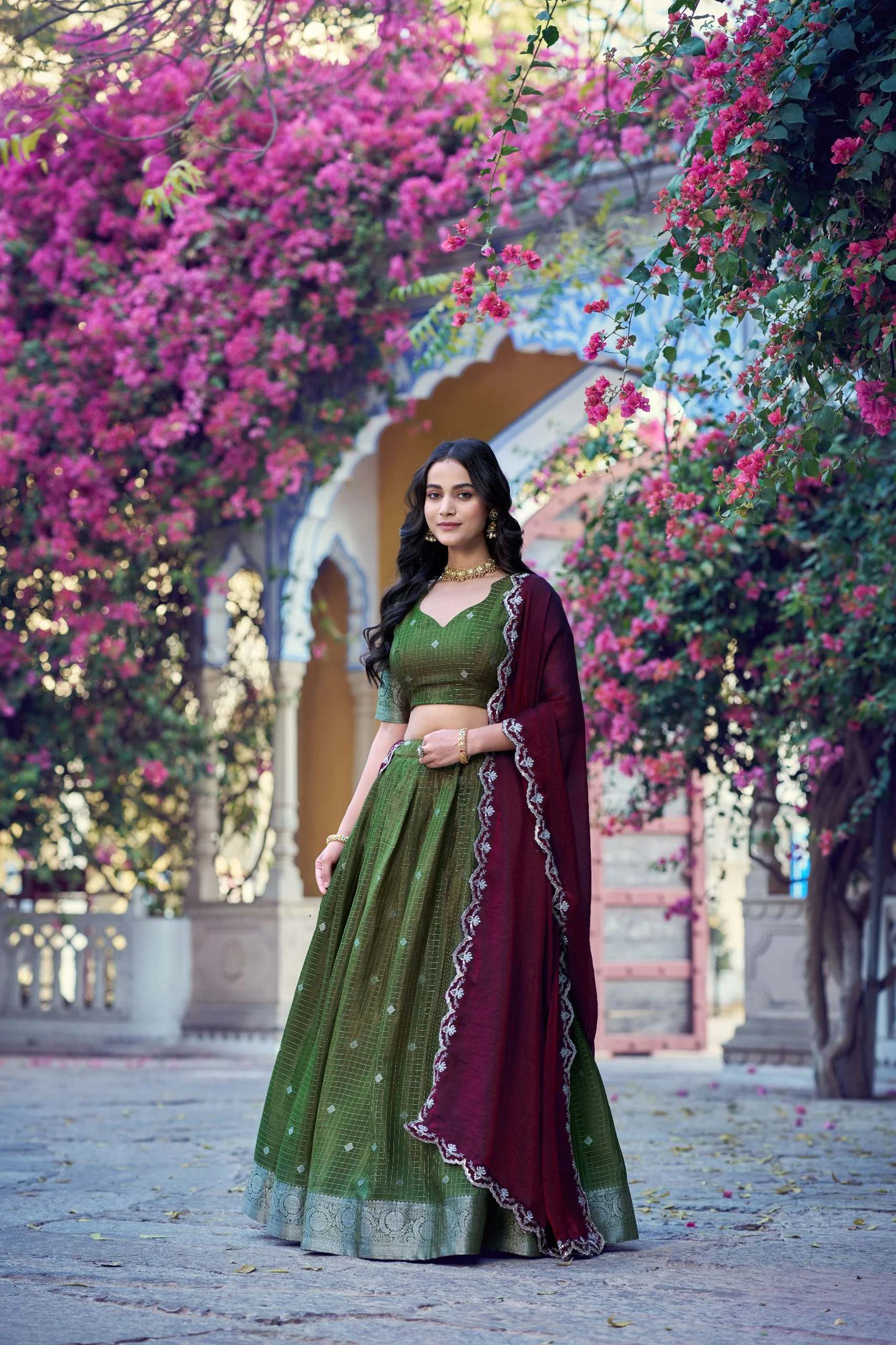 Chinon Checks Zari Weaving Wedding Wear Lehenga Set - Image 11