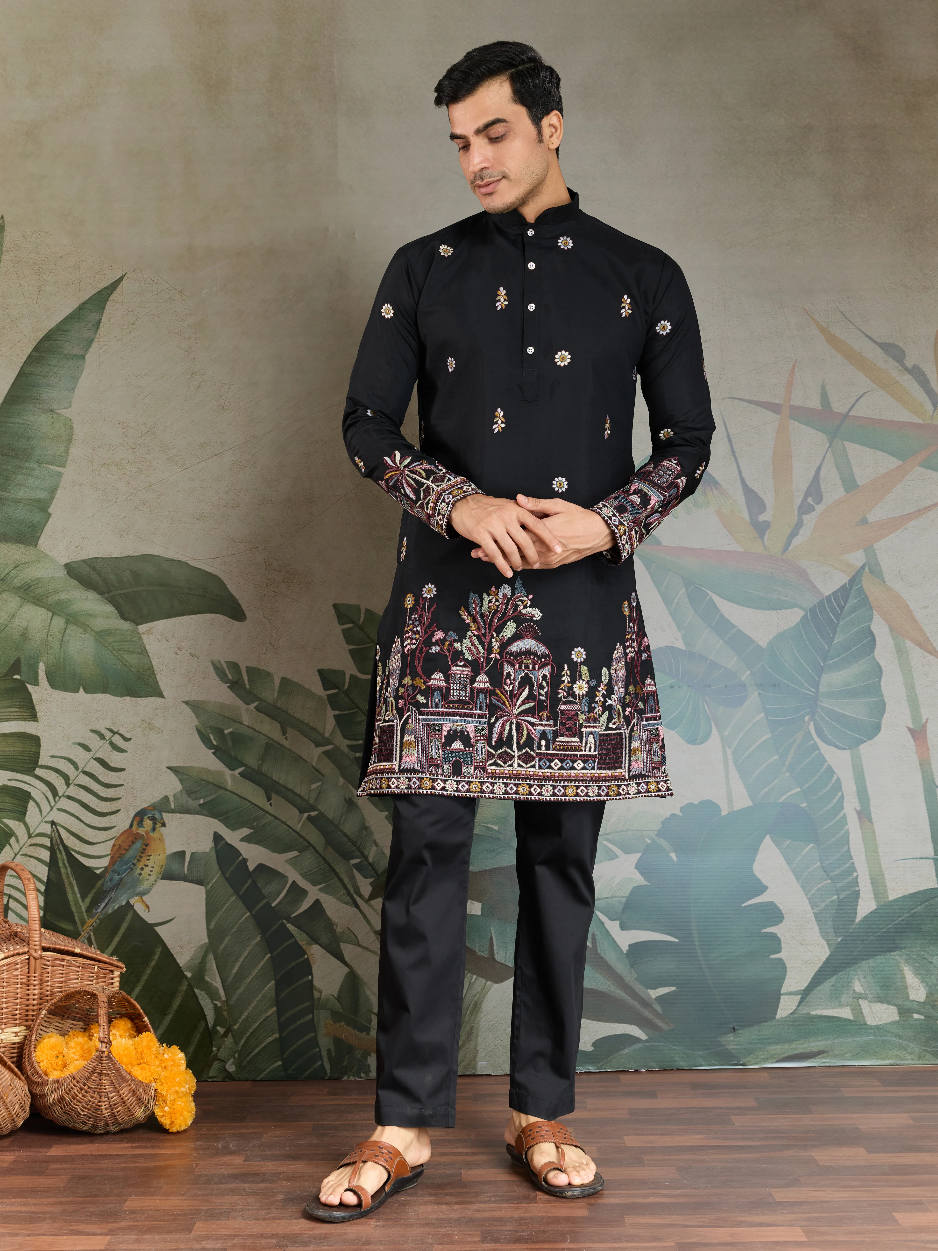 Classic Black Kurta Pajama for Men with Rich Embroidery - Image 3