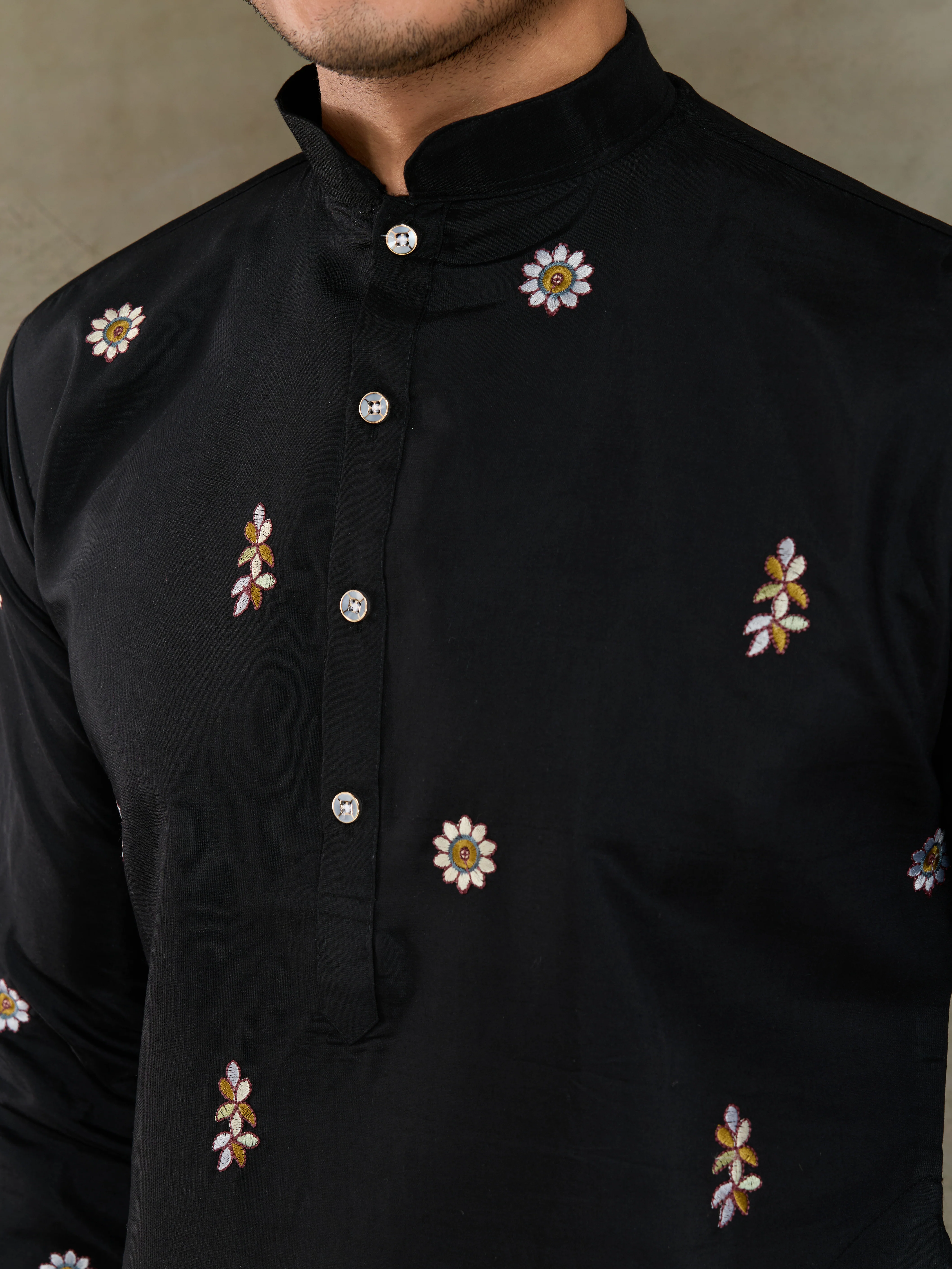 Classic Black Kurta Pajama for Men with Rich Embroidery - Image 4