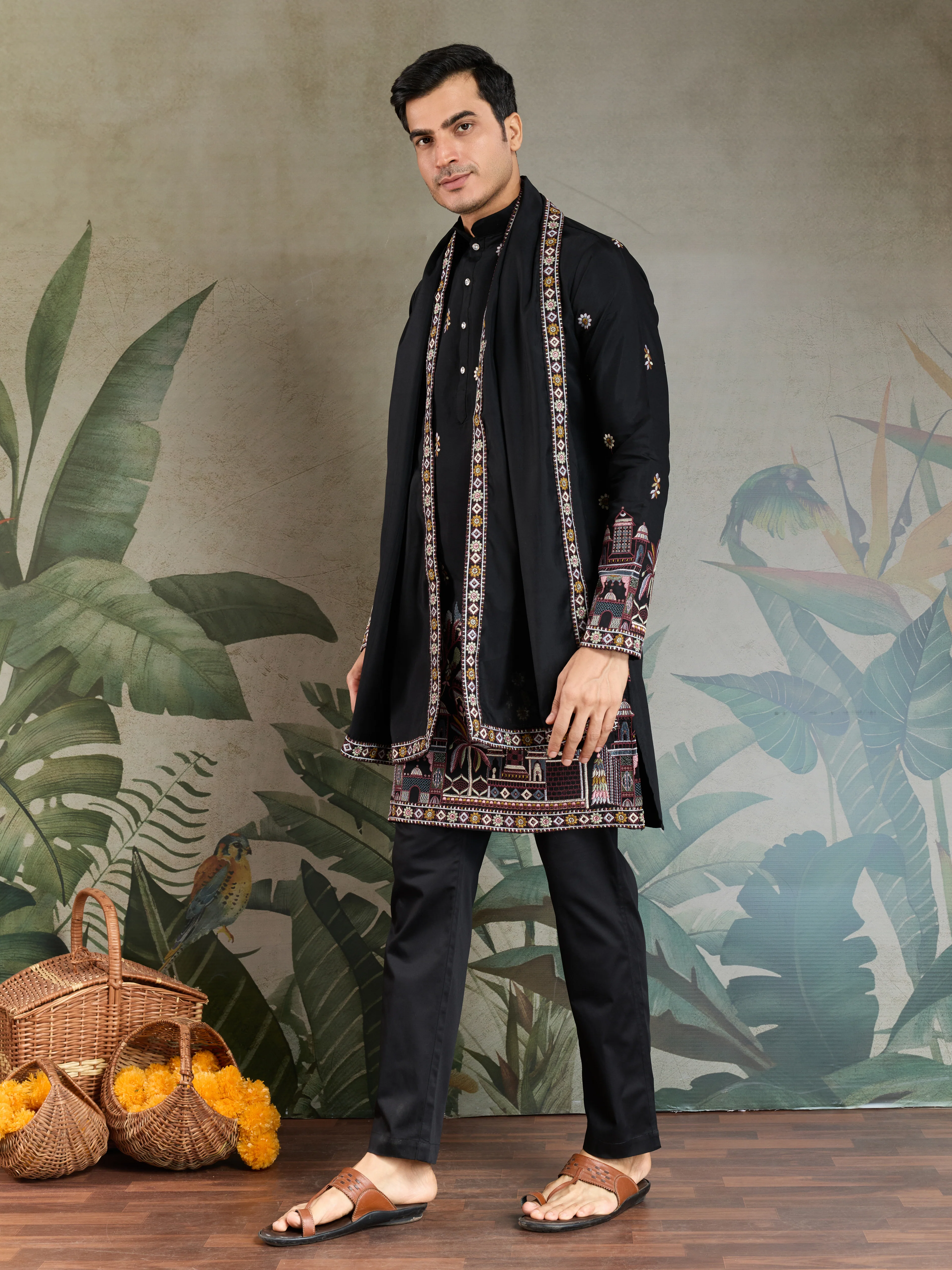 Classic Black Kurta Pajama for Men with Rich Embroidery - Image 5