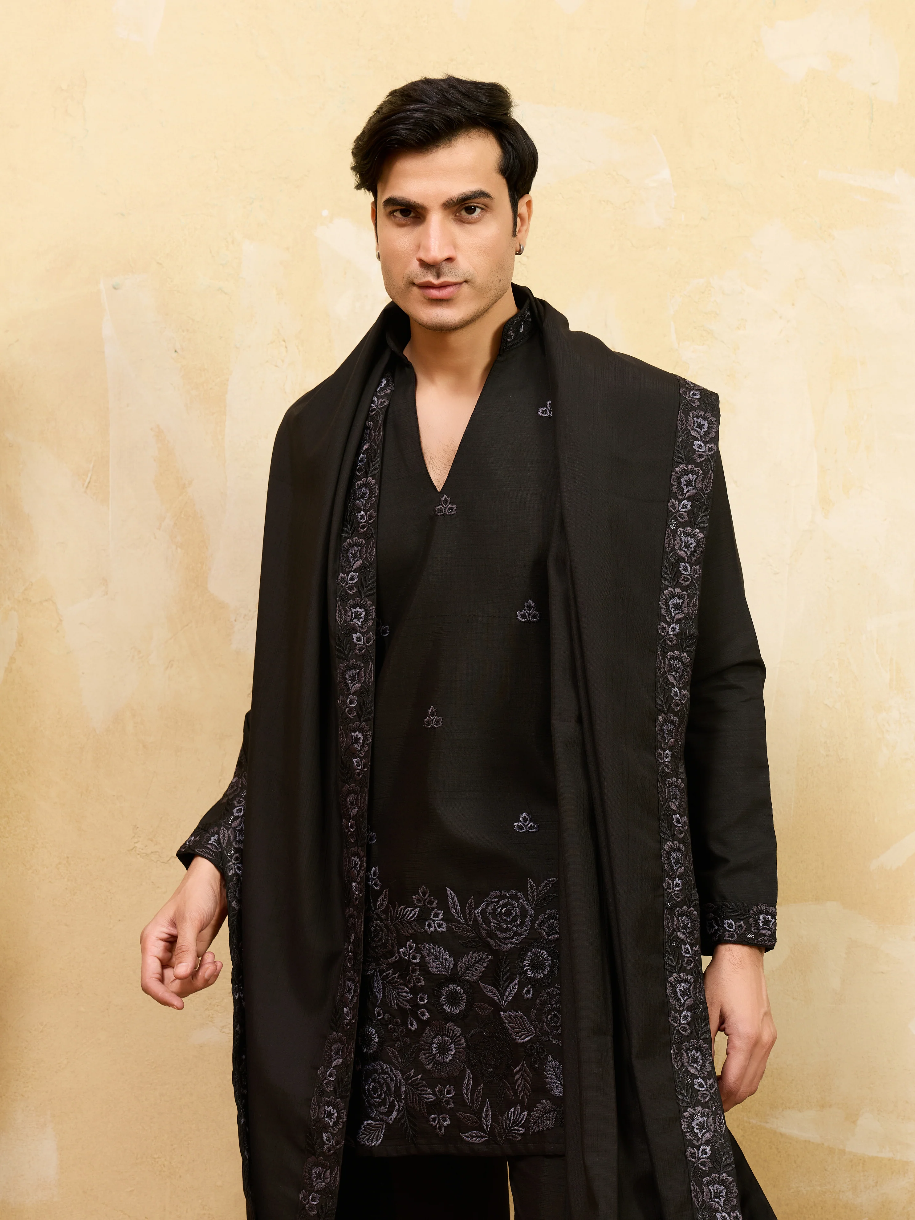 Classic Black Viscose Silk Embroidered Work Kurta Pant Dupatta Set - Image 2