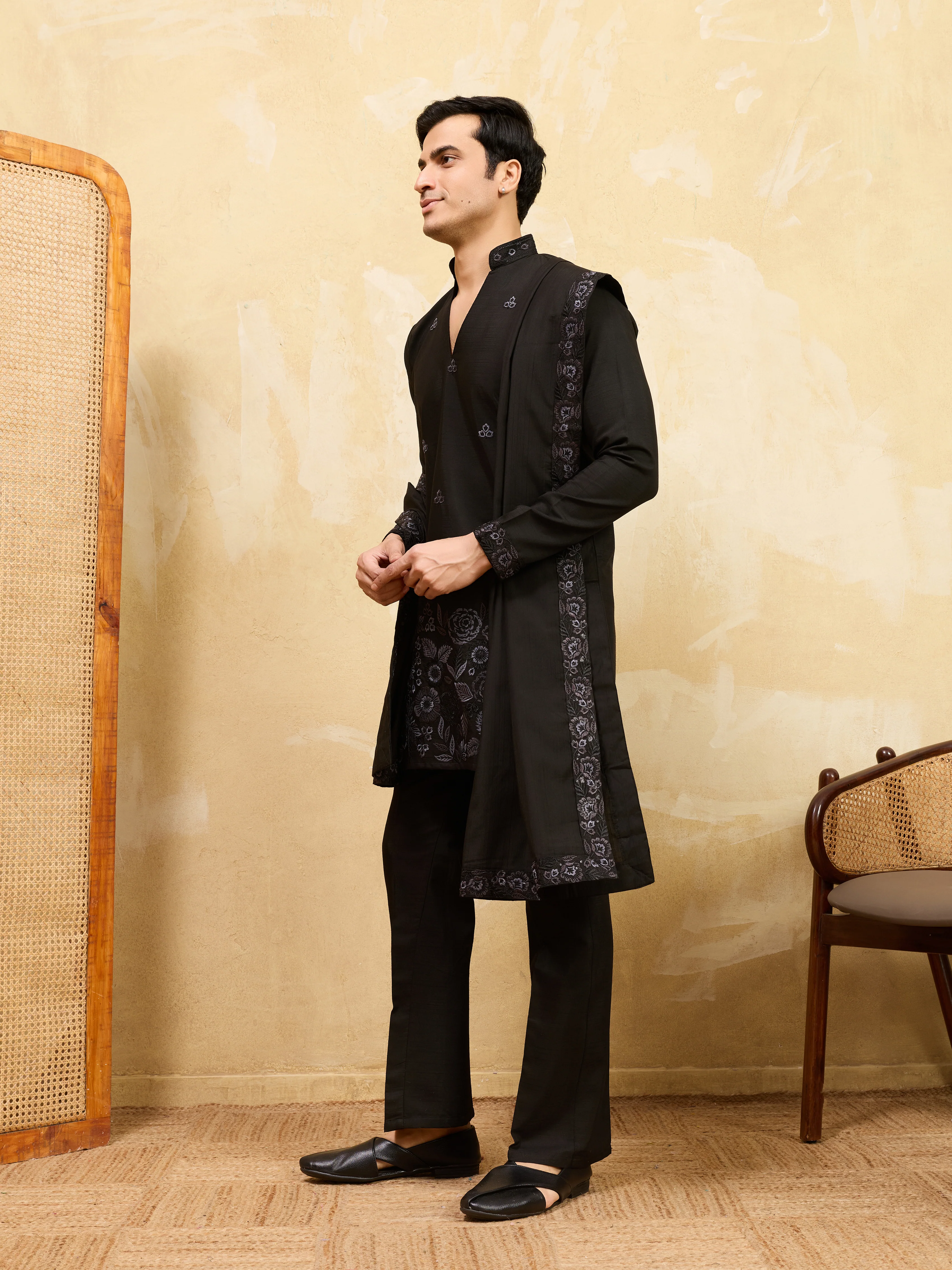 Classic Black Viscose Silk Embroidered Work Kurta Pant Dupatta Set - Image 5