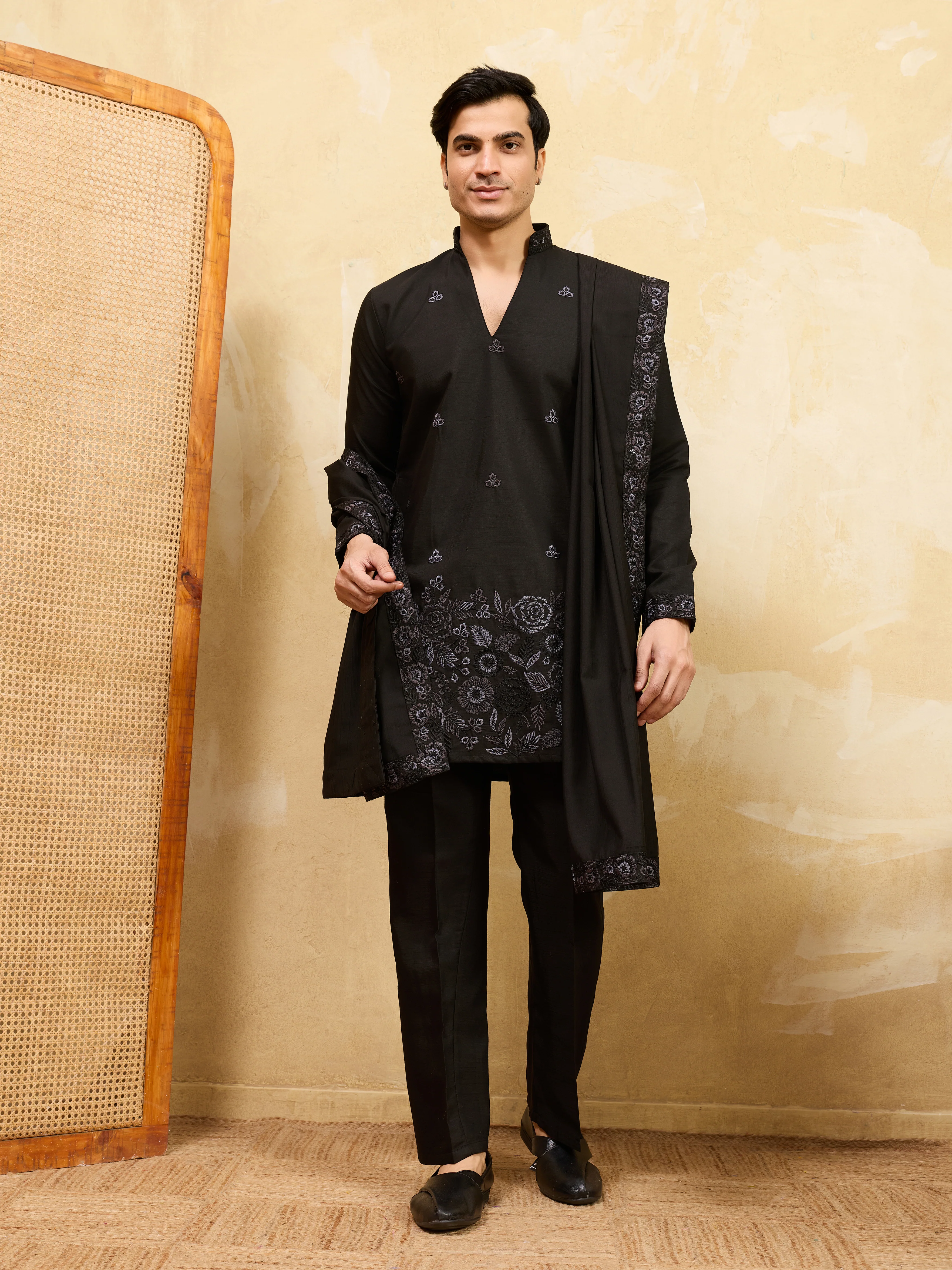 Classic Black Viscose Silk Embroidered Work Kurta Pant Dupatta Set - Image 6