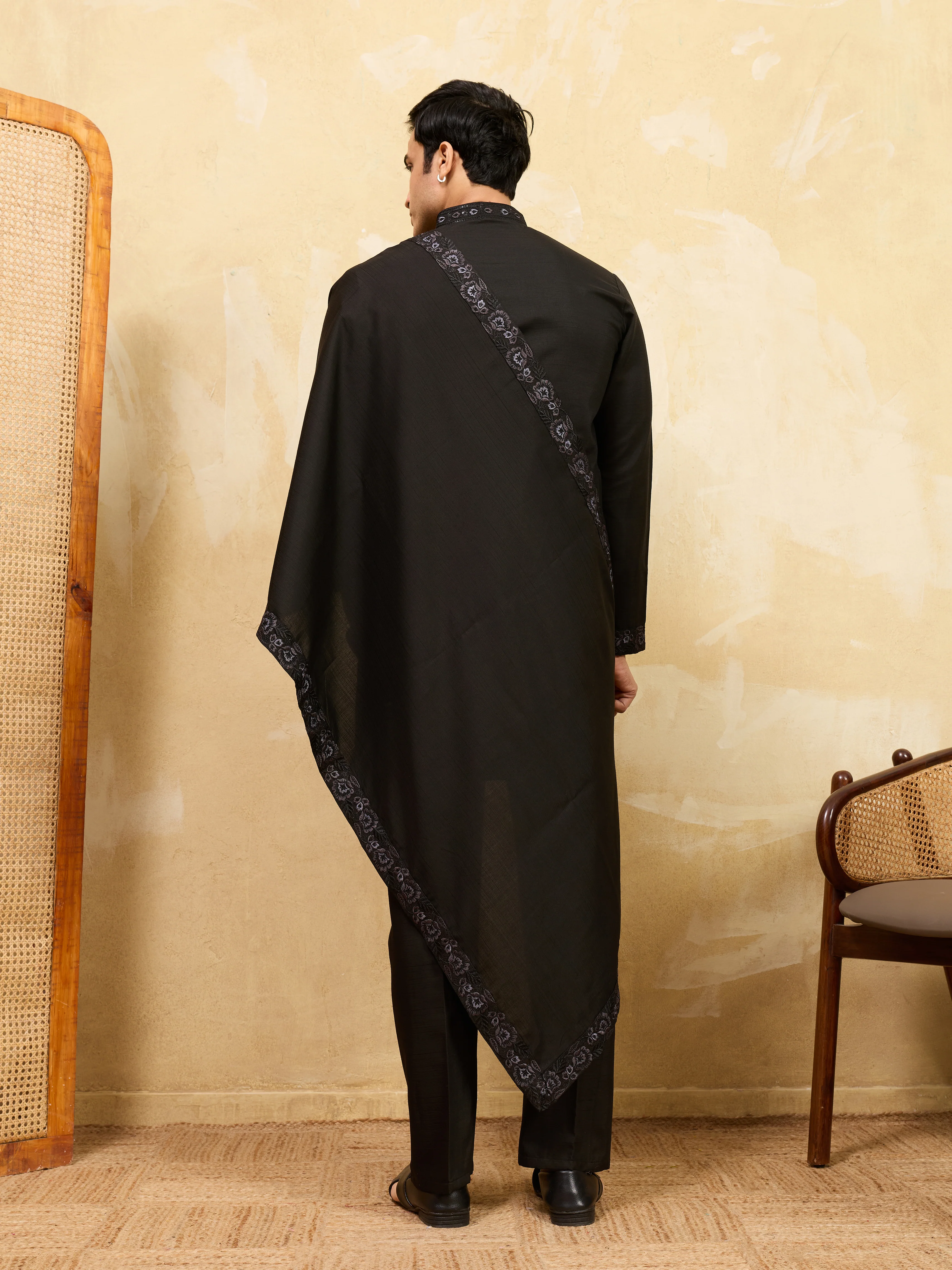 Classic Black Viscose Silk Embroidered Work Kurta Pant Dupatta Set - Image 7