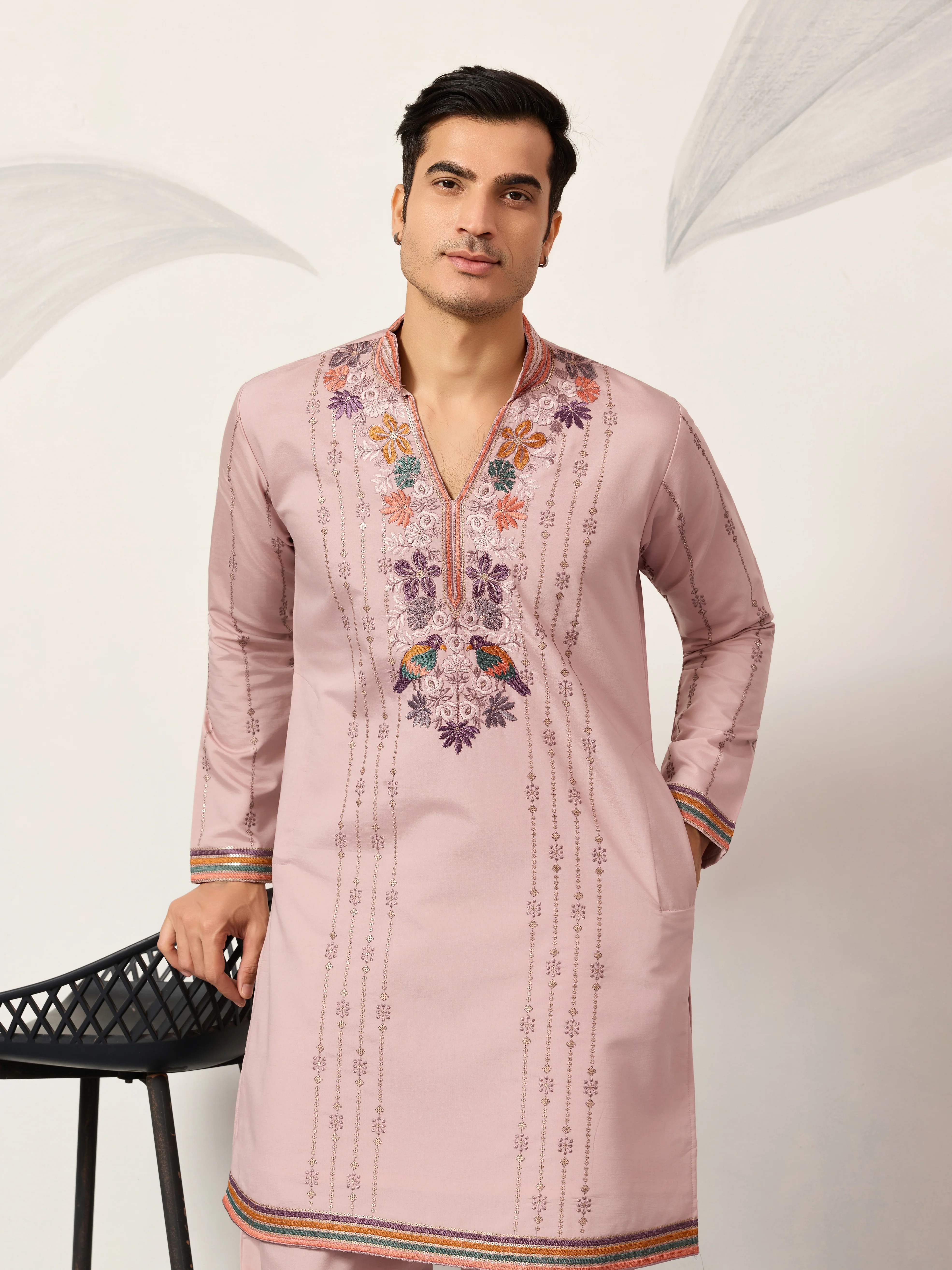 Classic Pink Embroidered V Neck Kurta Pant Outfit for Mens Wear - Image 2