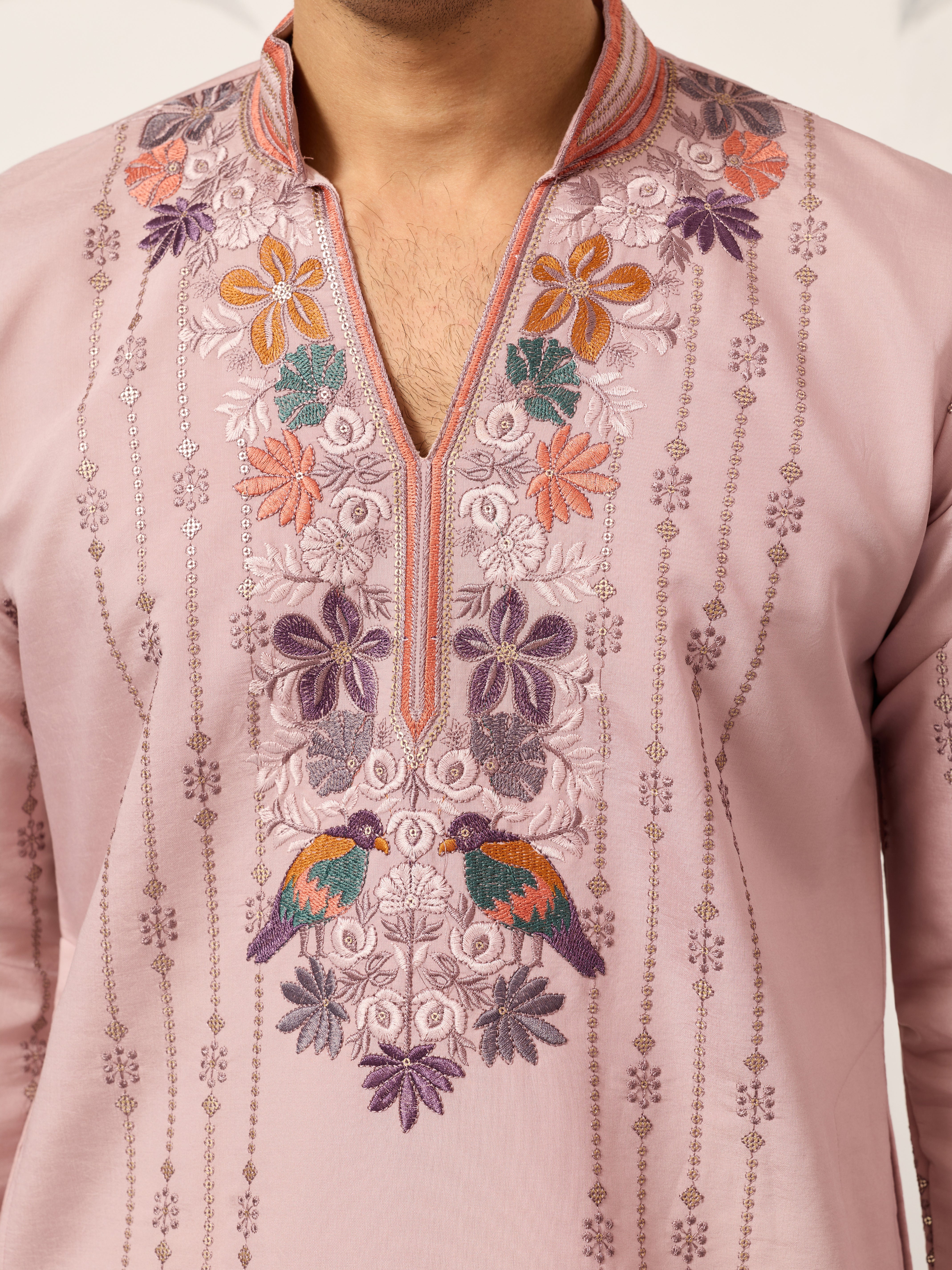 Classic Pink Embroidered V Neck Kurta Pant Outfit for Mens Wear - Image 3