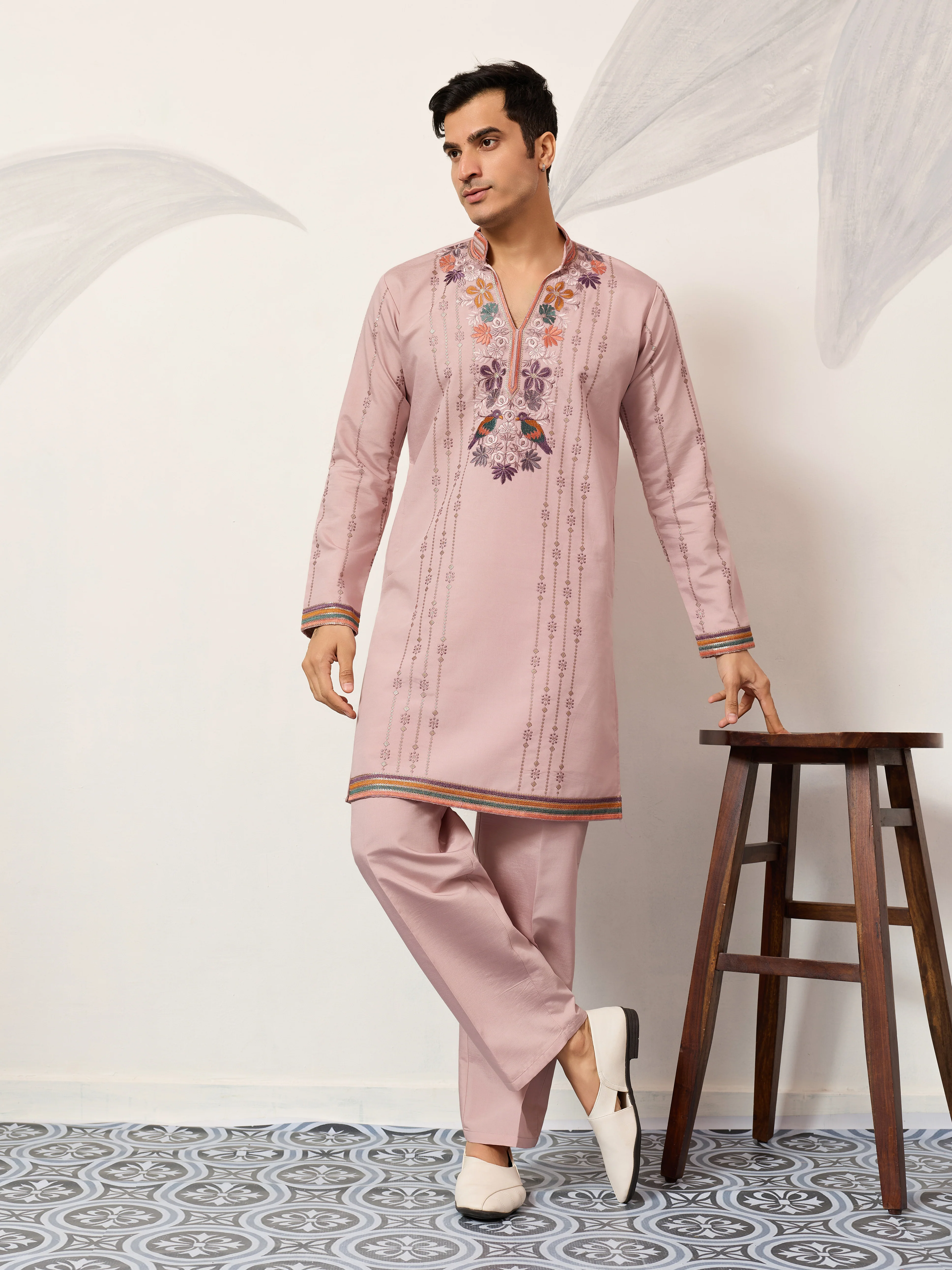 Classic Pink Embroidered V Neck Kurta Pant Outfit for Mens Wear - Image 4