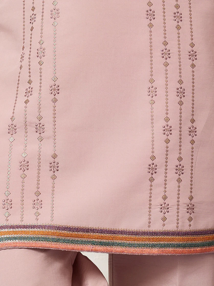 Classic Pink Embroidered V Neck Kurta Pant Outfit for Mens Wear - Image 5