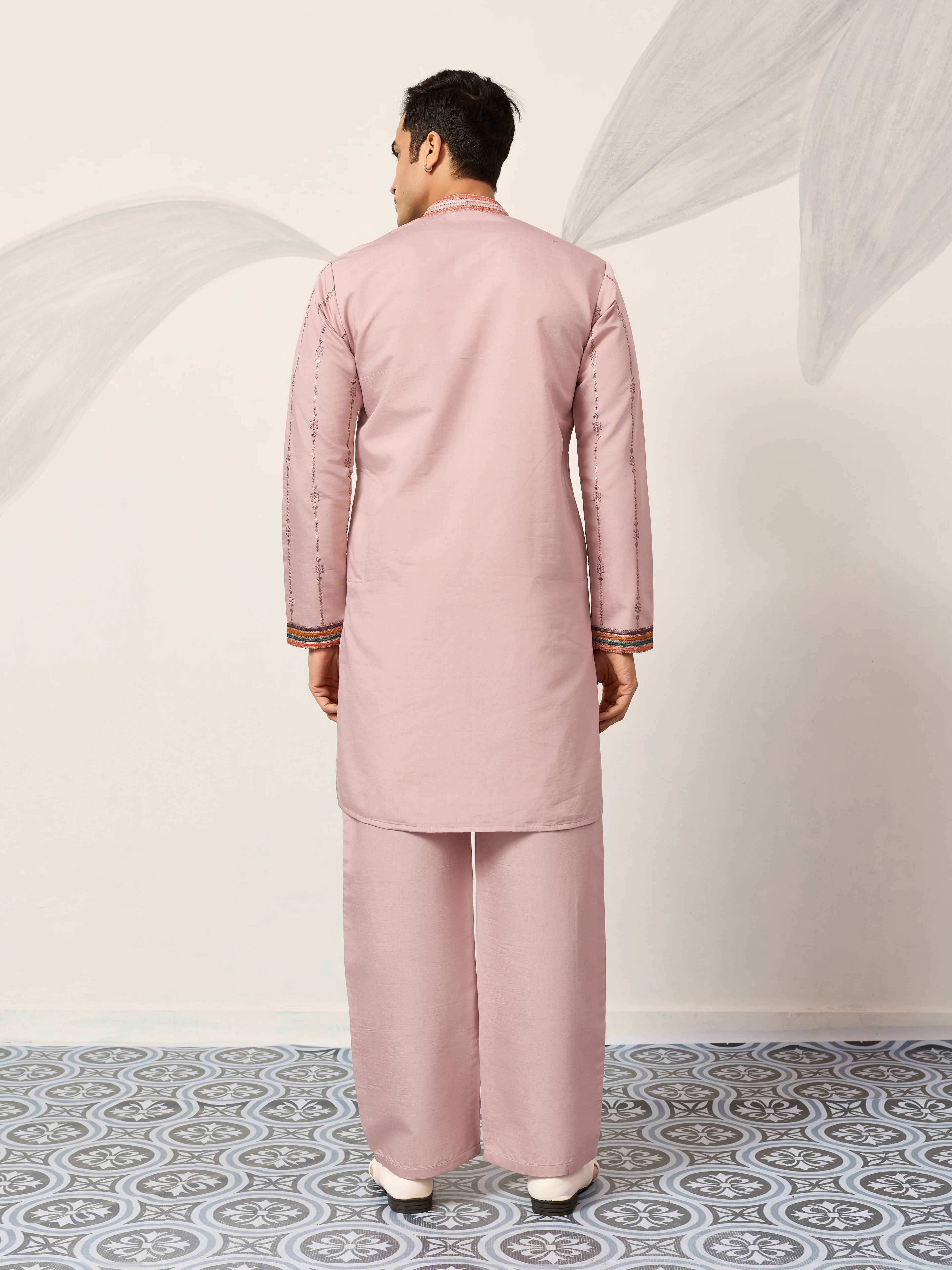 Classic Pink Embroidered V Neck Kurta Pant Outfit for Mens Wear - Image 6