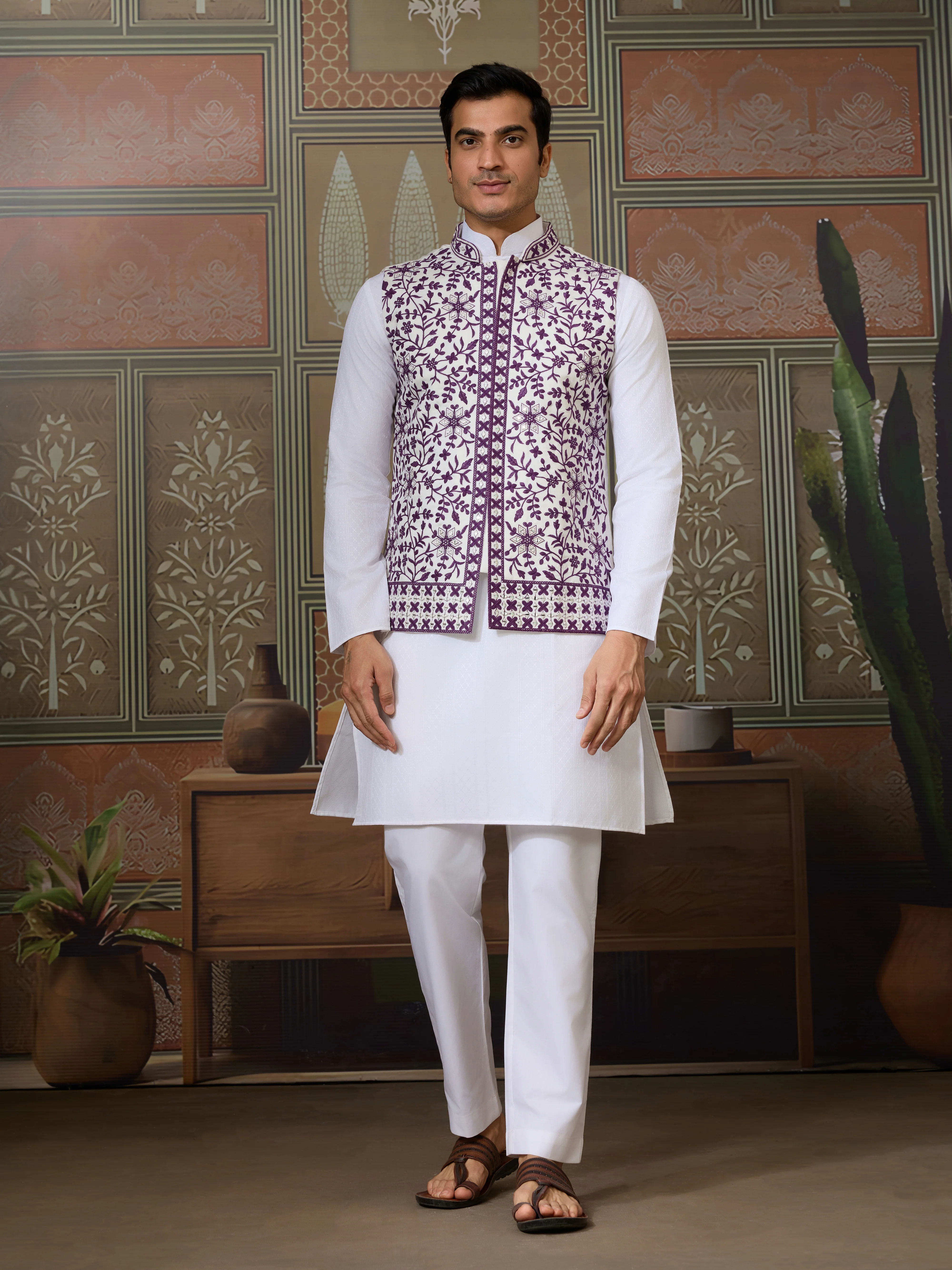 Classic White Mens Kurta Pajama with Stylish Purple Koti - Image 3