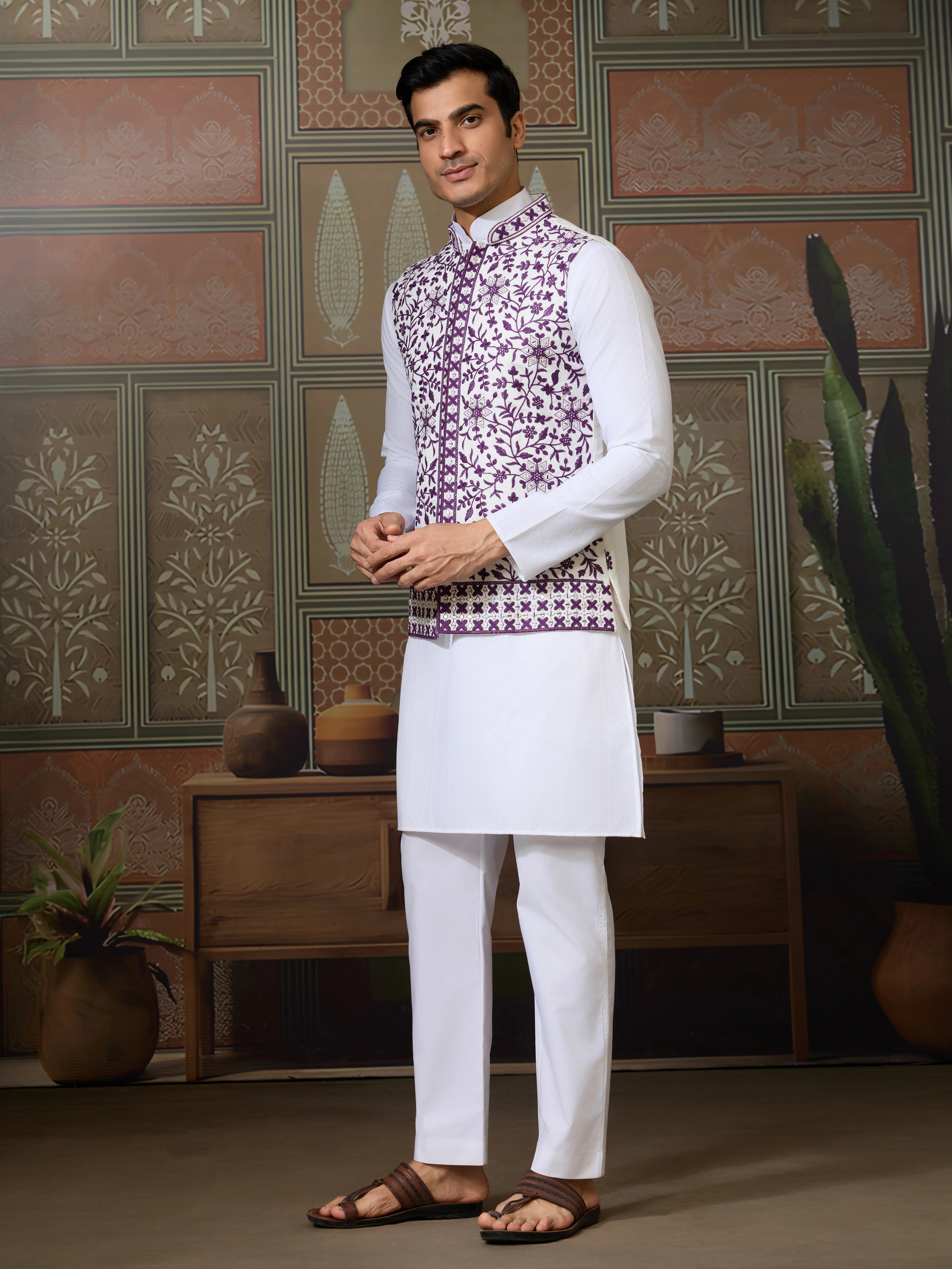 Classic White Mens Kurta Pajama with Stylish Purple Koti - Image 5
