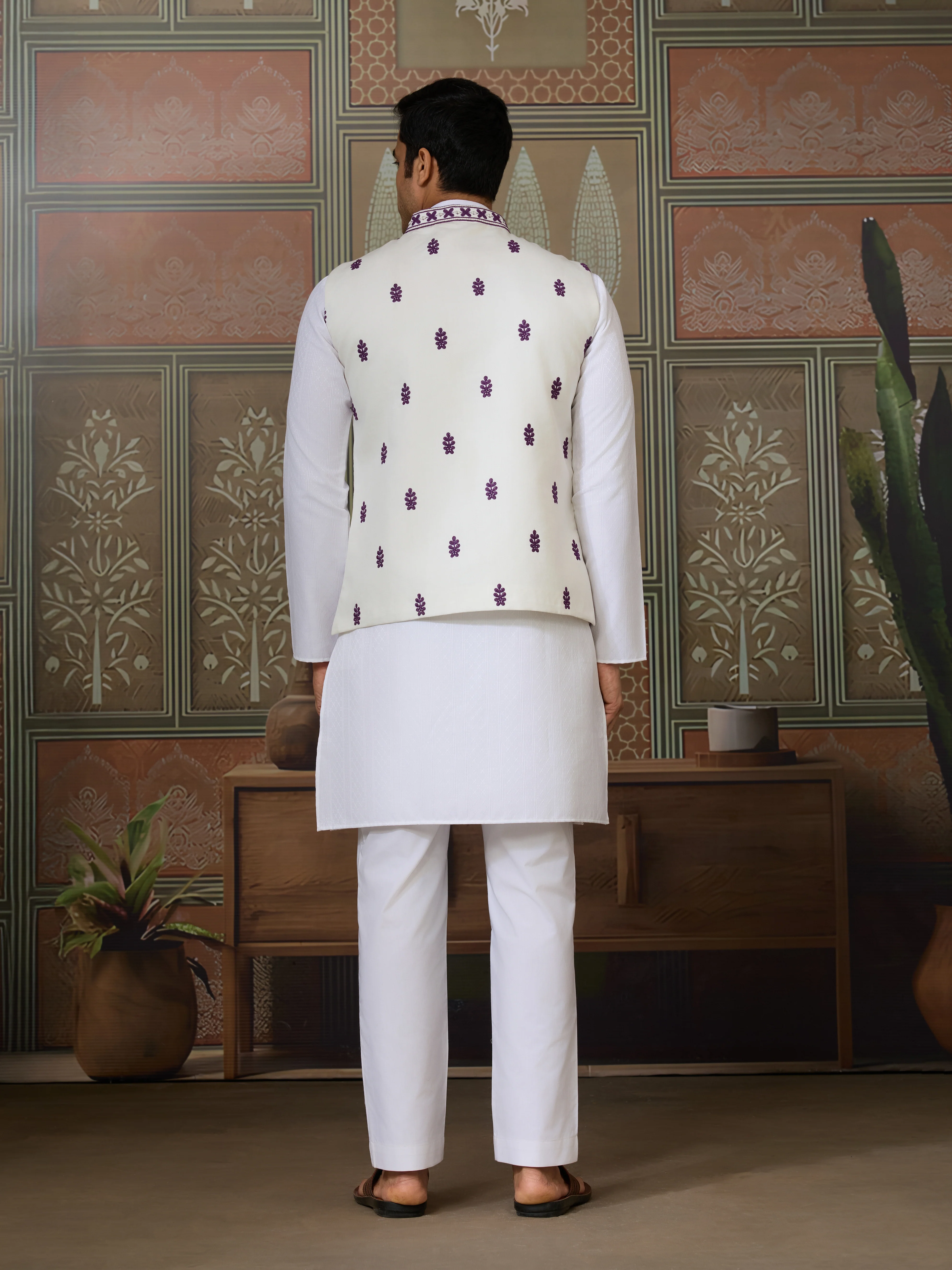 Classic White Mens Kurta Pajama with Stylish Purple Koti - Image 6