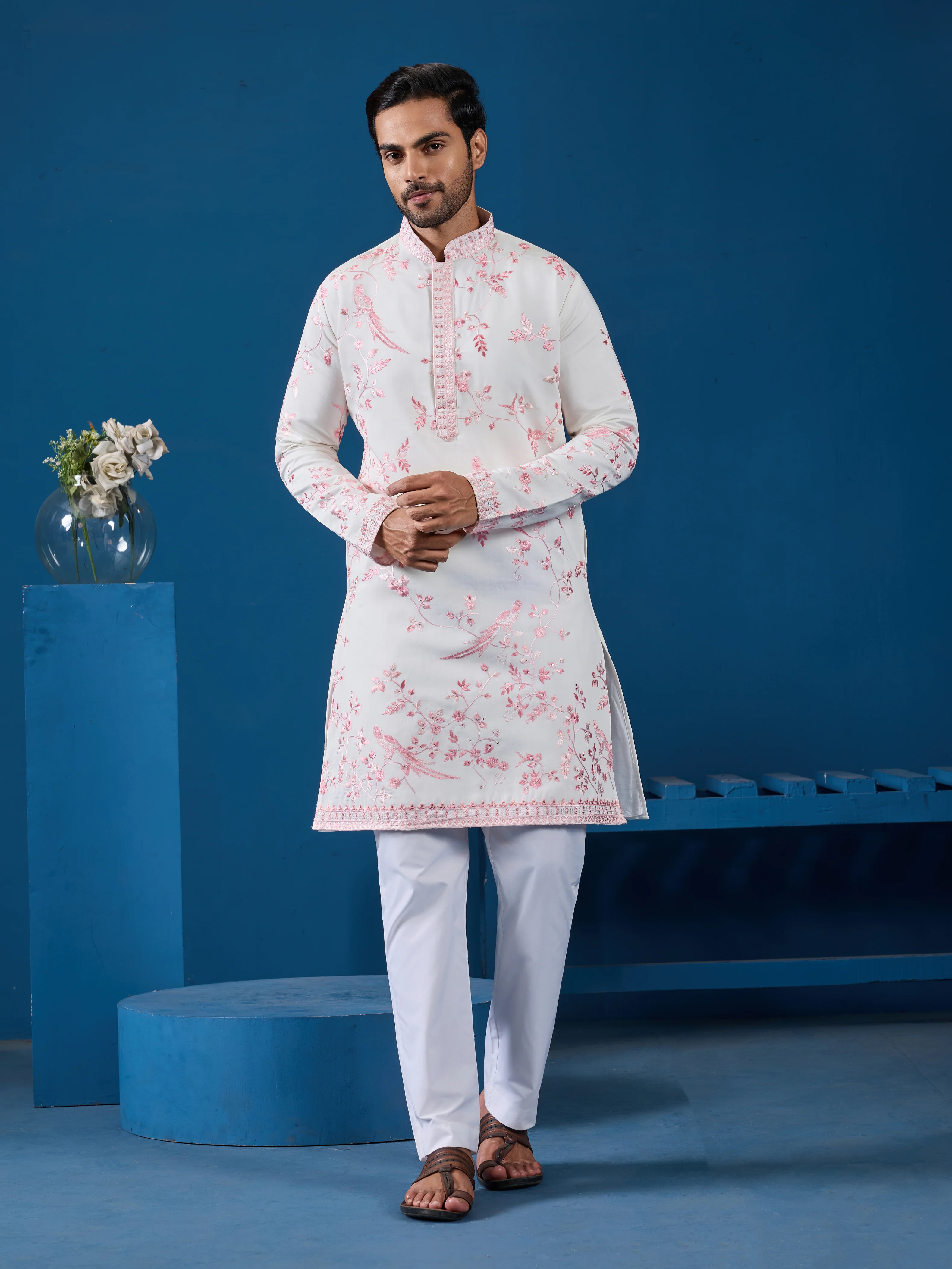 Classic White Viscose Silk Festive Kurta for Mens - Image 3