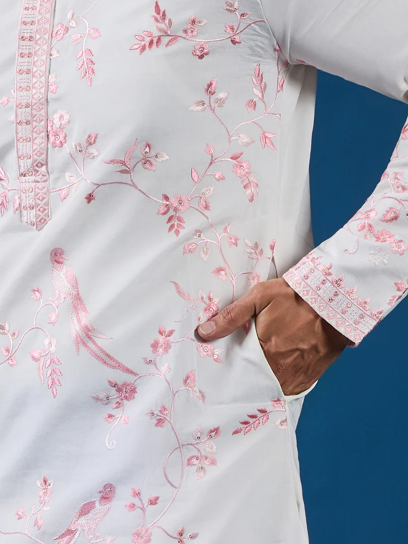 Classic White Viscose Silk Festive Kurta for Mens - Image 6