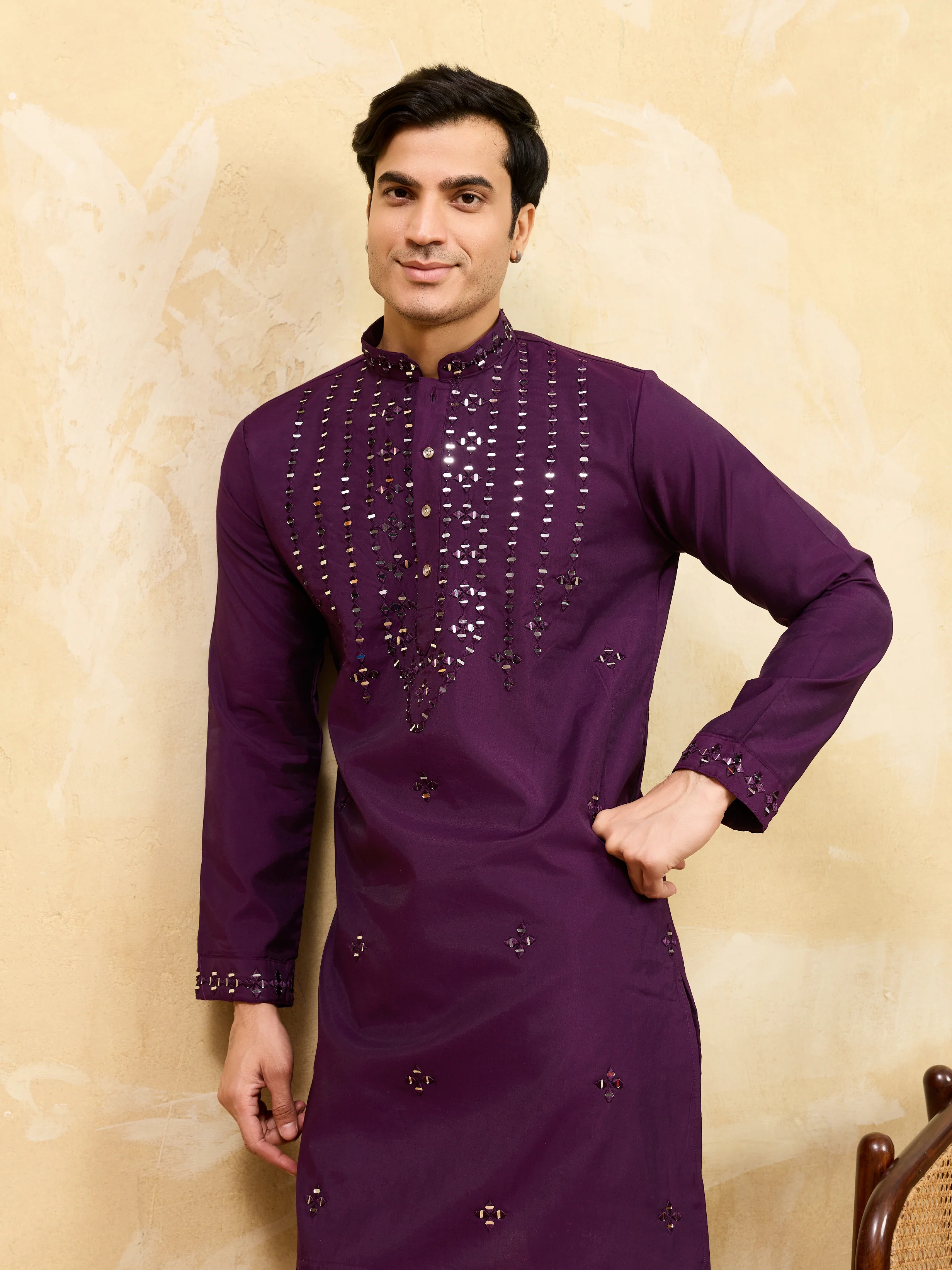 Classy Purple Mirror Embroidered Kurta and Pant for Wedding Wear - Image 2