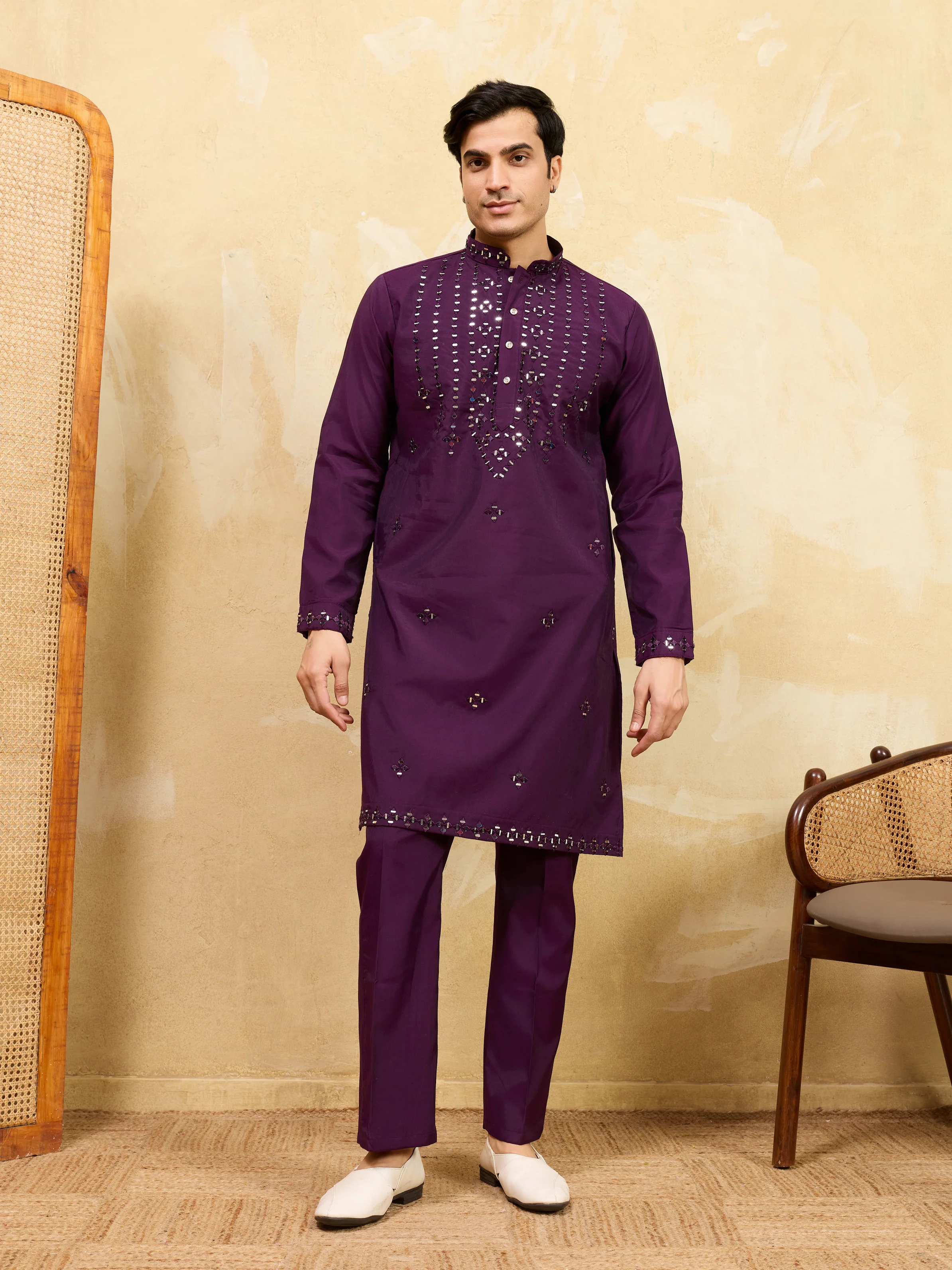 Classy Purple Mirror Embroidered Kurta and Pant for Wedding Wear - Image 4