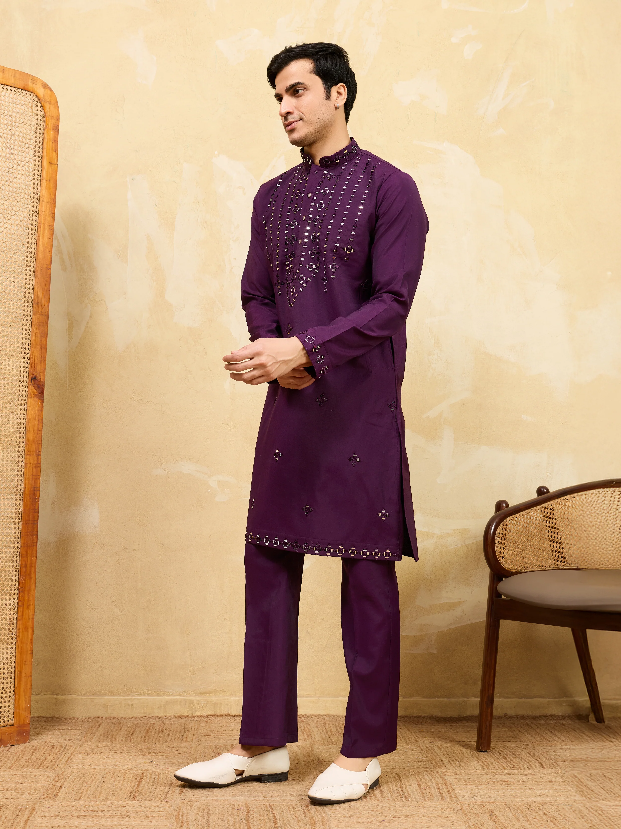 Classy Purple Mirror Embroidered Kurta and Pant for Wedding Wear - Image 5