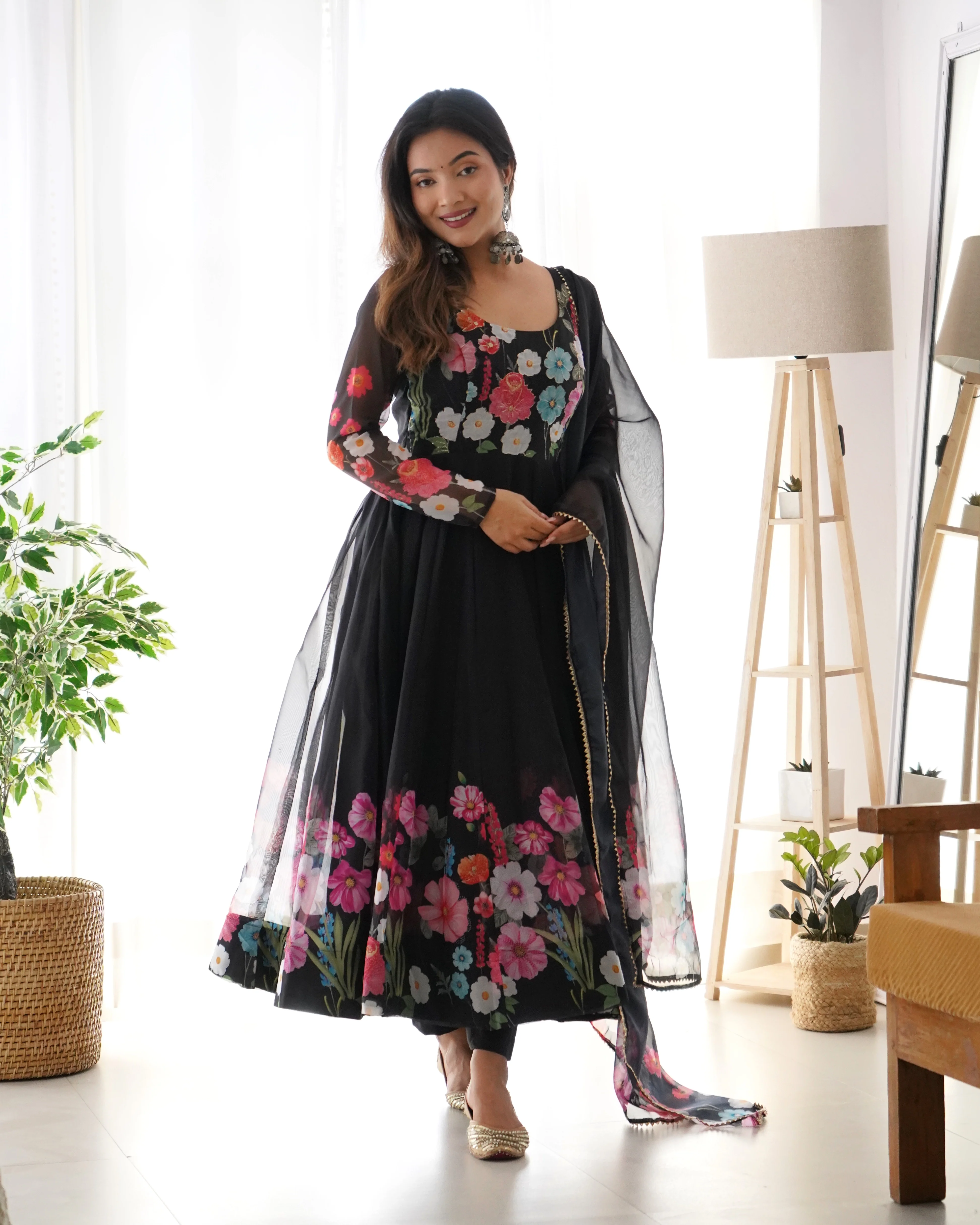Pure Soft Organja Silk Fabric Fully Flair Kali Pattern And Canvas Patta With Dupatta Set, Pent Ready to Wear - Black - Image 3