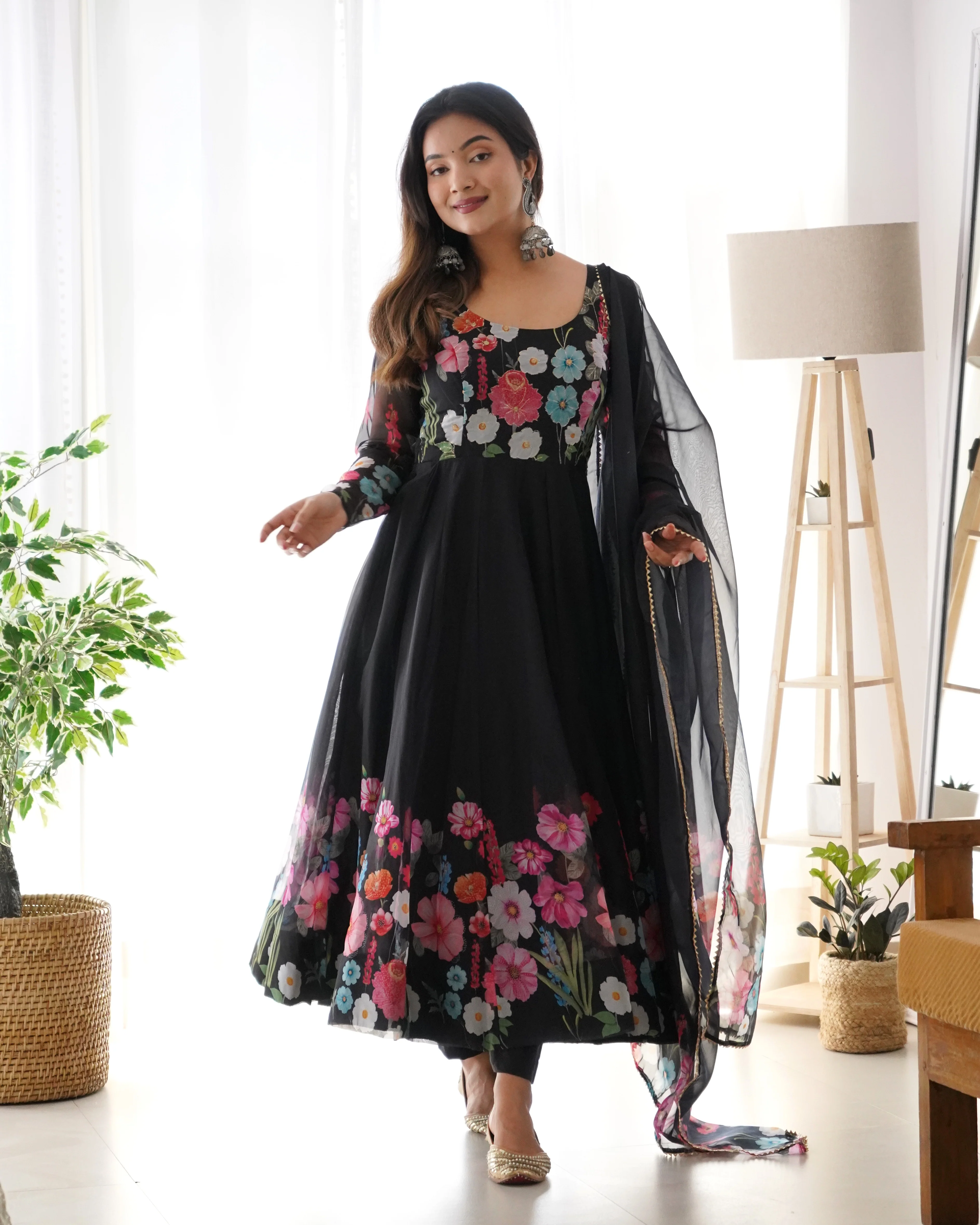 Pure Soft Organja Silk Fabric Fully Flair Kali Pattern And Canvas Patta With Dupatta Set, Pent Ready to Wear - Black - Image 4