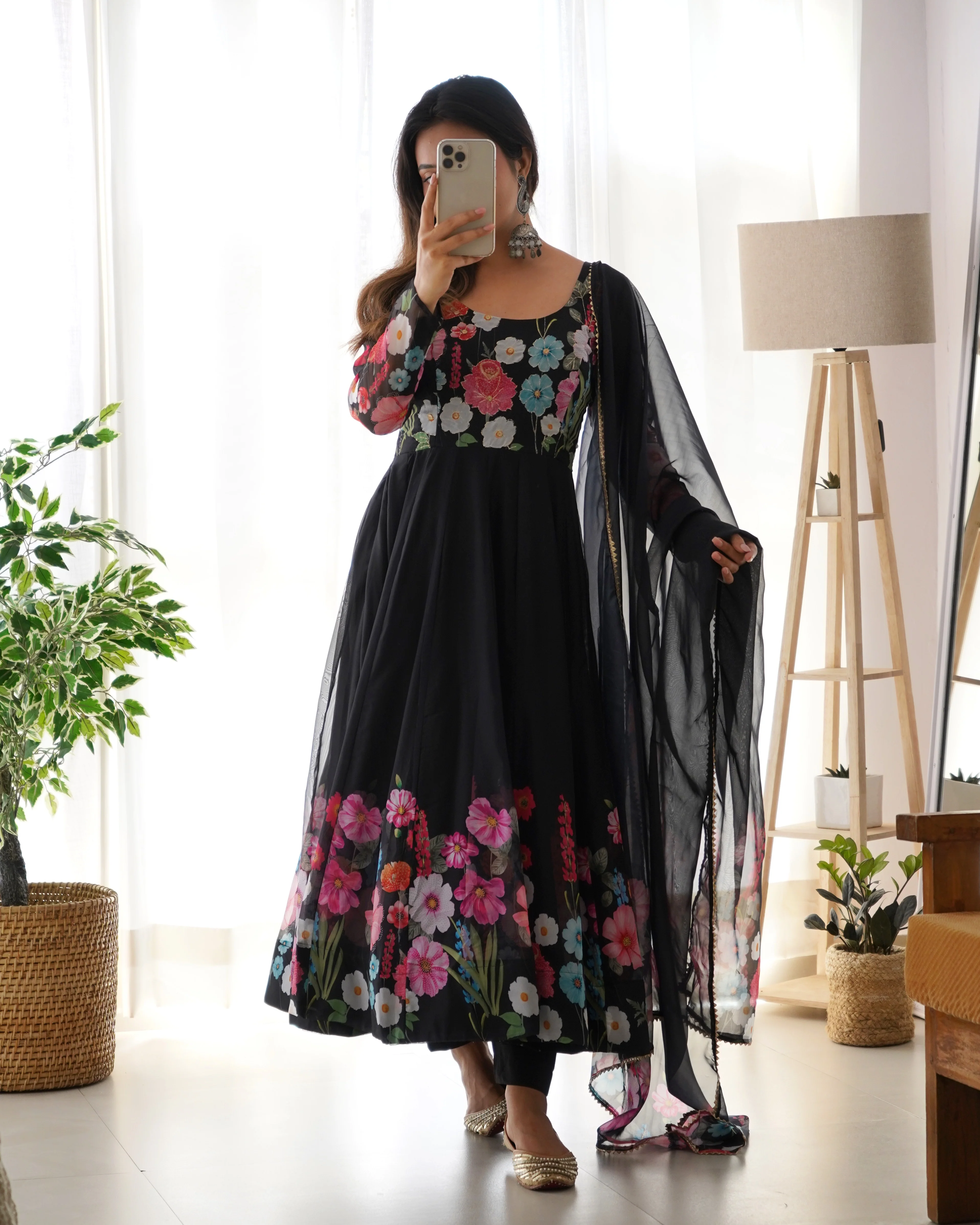 Pure Soft Organja Silk Fabric Fully Flair Kali Pattern And Canvas Patta With Dupatta Set, Pent Ready to Wear - Black - Image 5