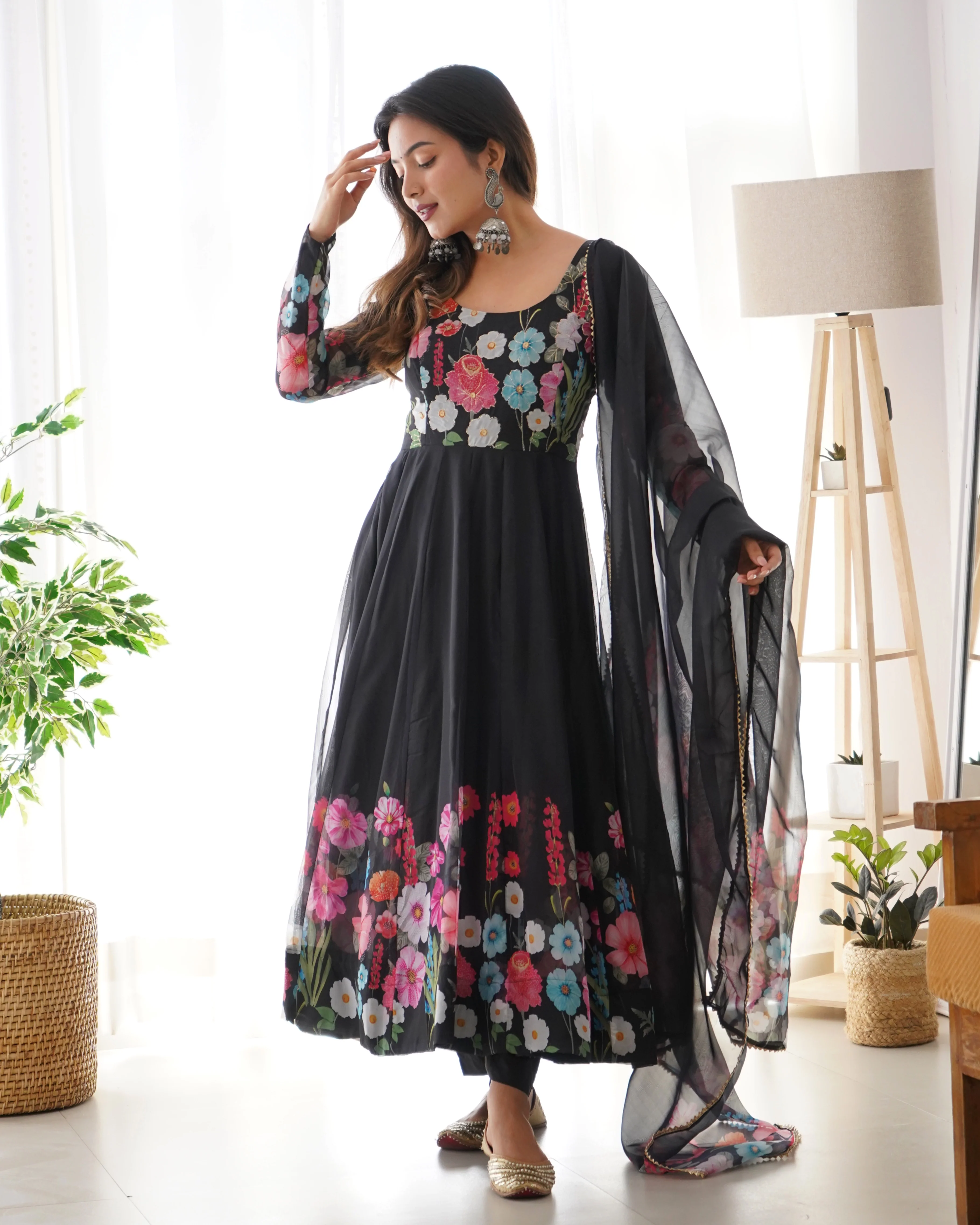 Pure Soft Organja Silk Fabric Fully Flair Kali Pattern And Canvas Patta With Dupatta Set, Pent Ready to Wear - Black - Image 6