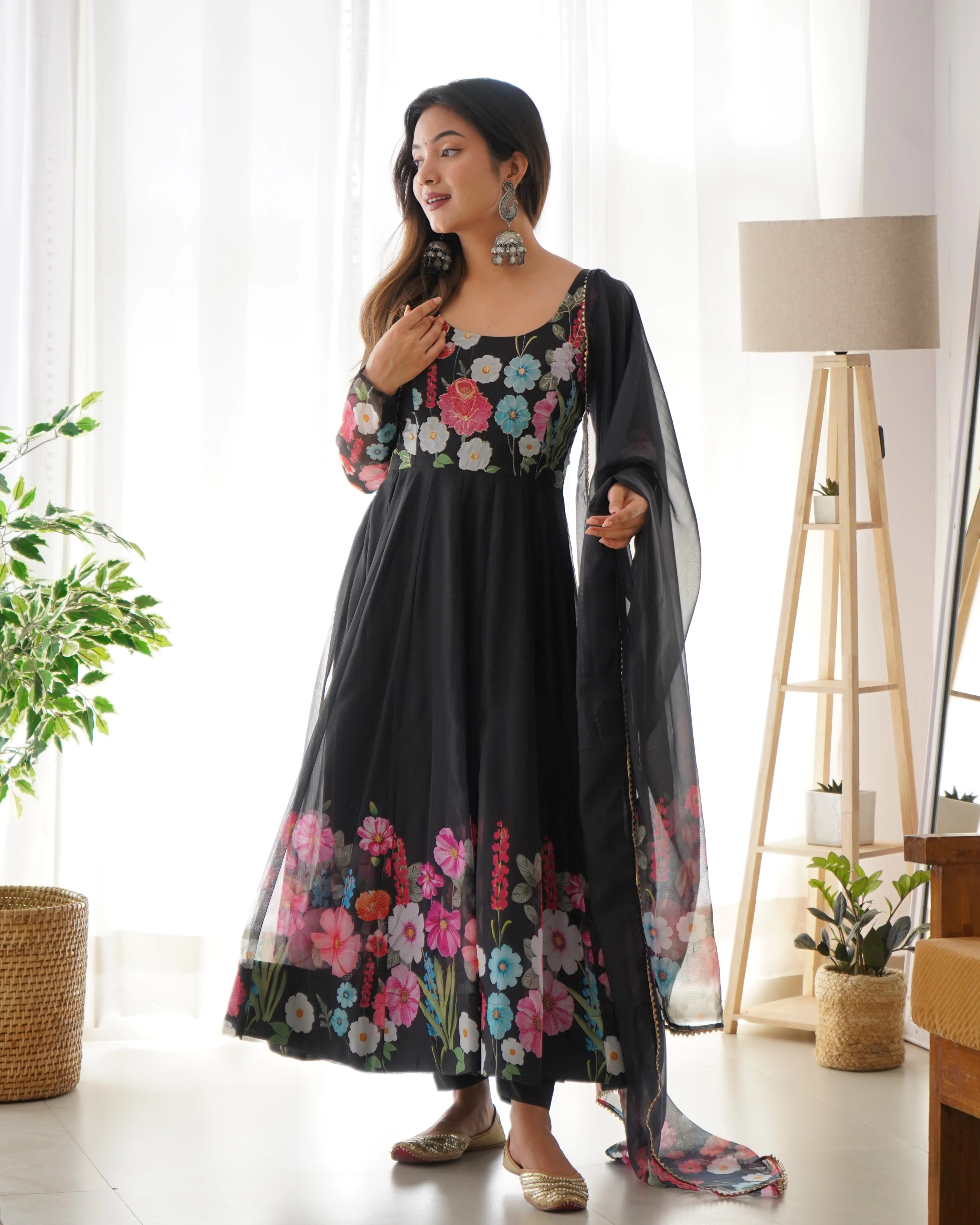 Pure Soft Organja Silk Fabric Fully Flair Kali Pattern And Canvas Patta With Dupatta Set, Pent Ready to Wear - Black - Image 7