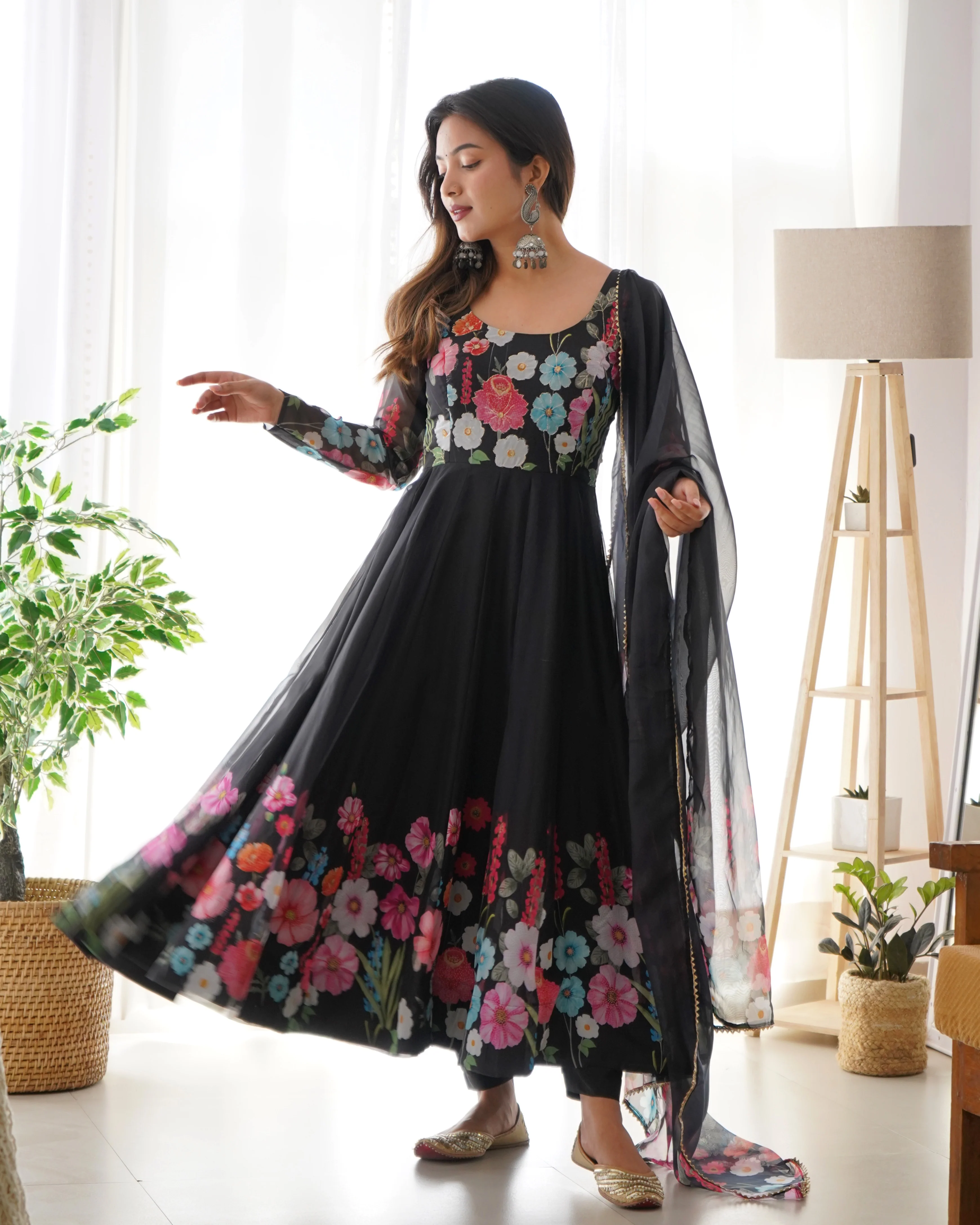 Pure Soft Organja Silk Fabric Fully Flair Kali Pattern And Canvas Patta With Dupatta Set, Pent Ready to Wear - Black - Image 8