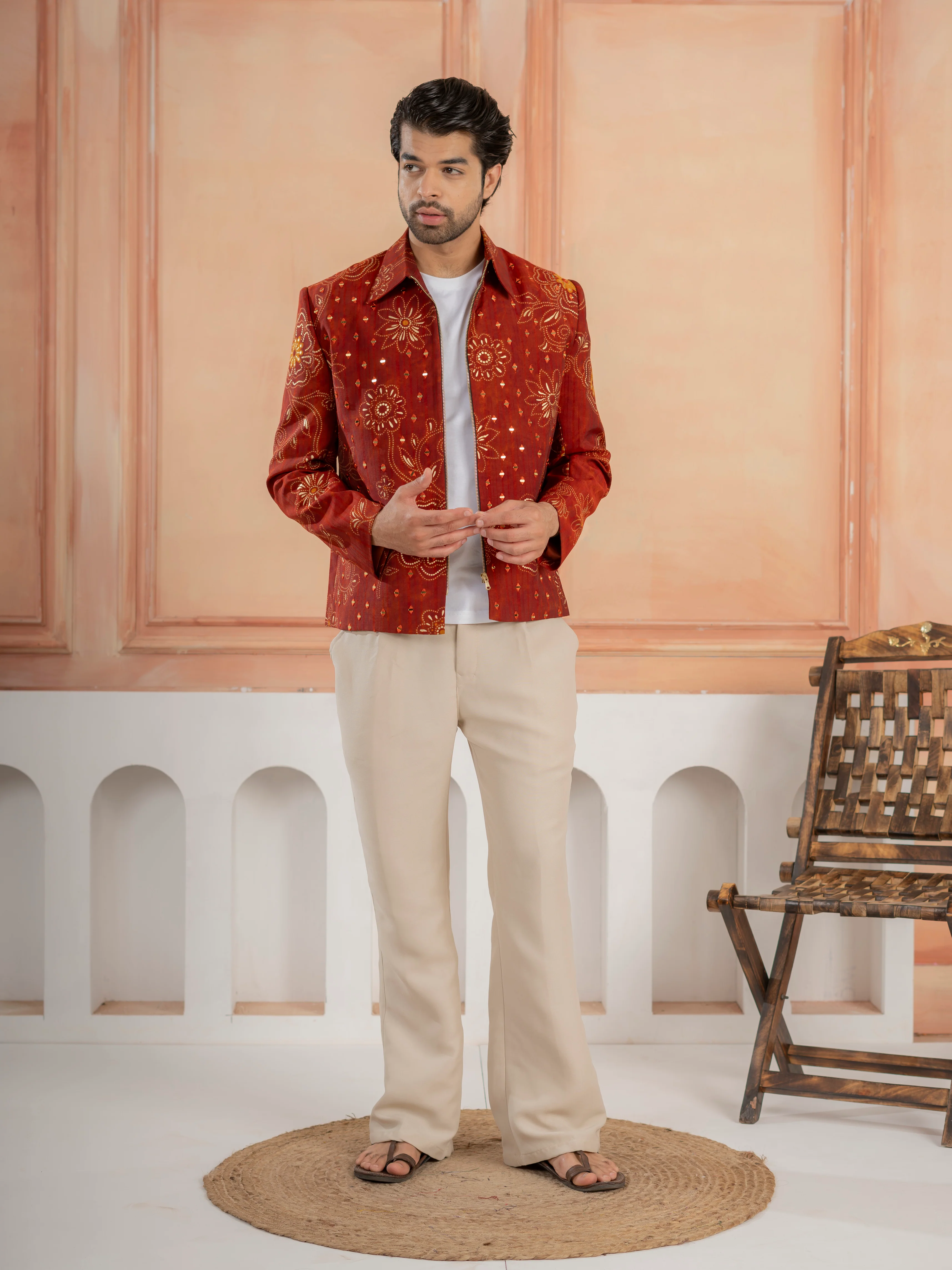 Cosmic orange Khadi Silk Mirror Work Bomber Jacket & Beige Pant - Image 5