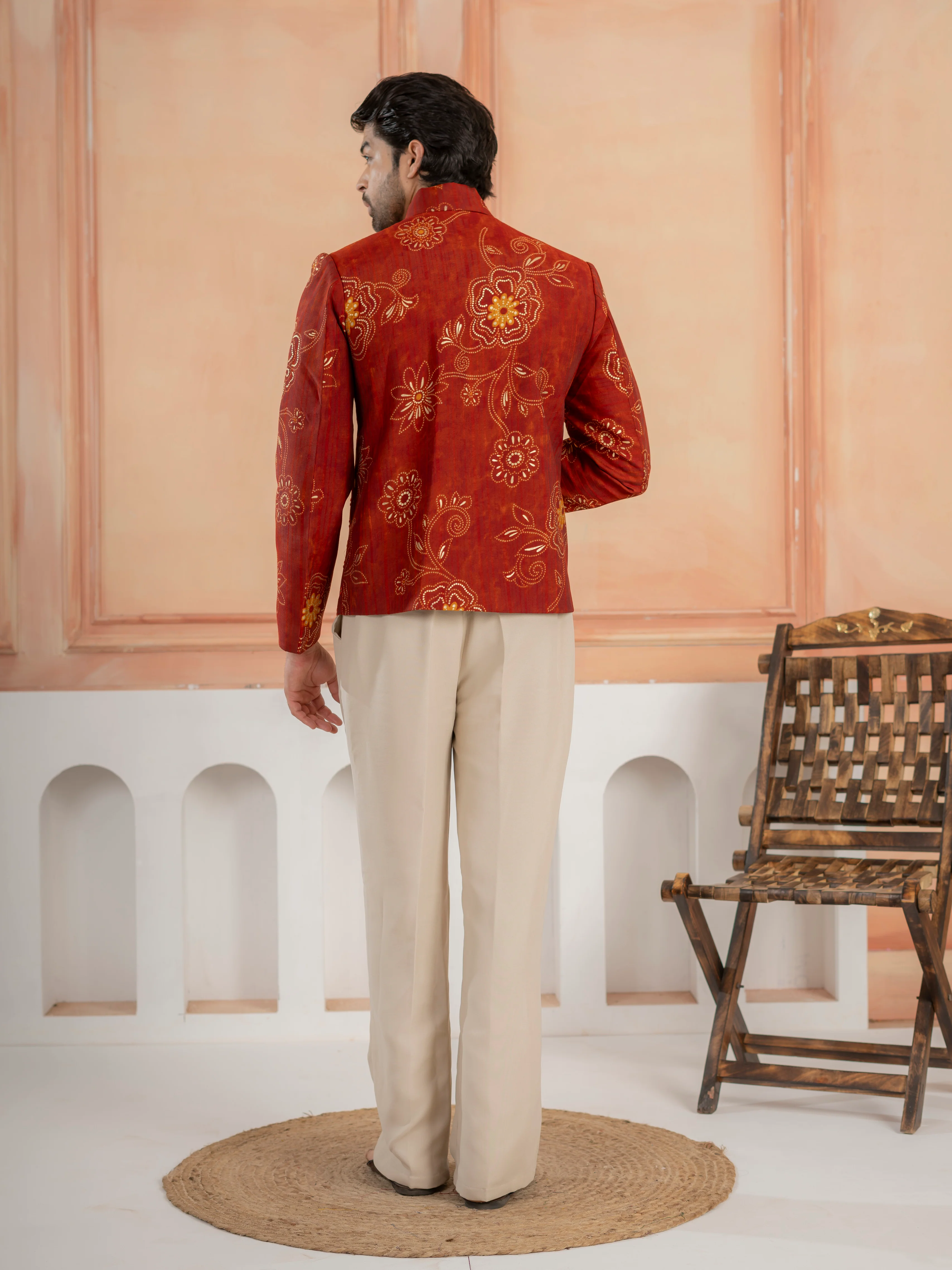 Cosmic orange Khadi Silk Mirror Work Bomber Jacket & Beige Pant - Image 6